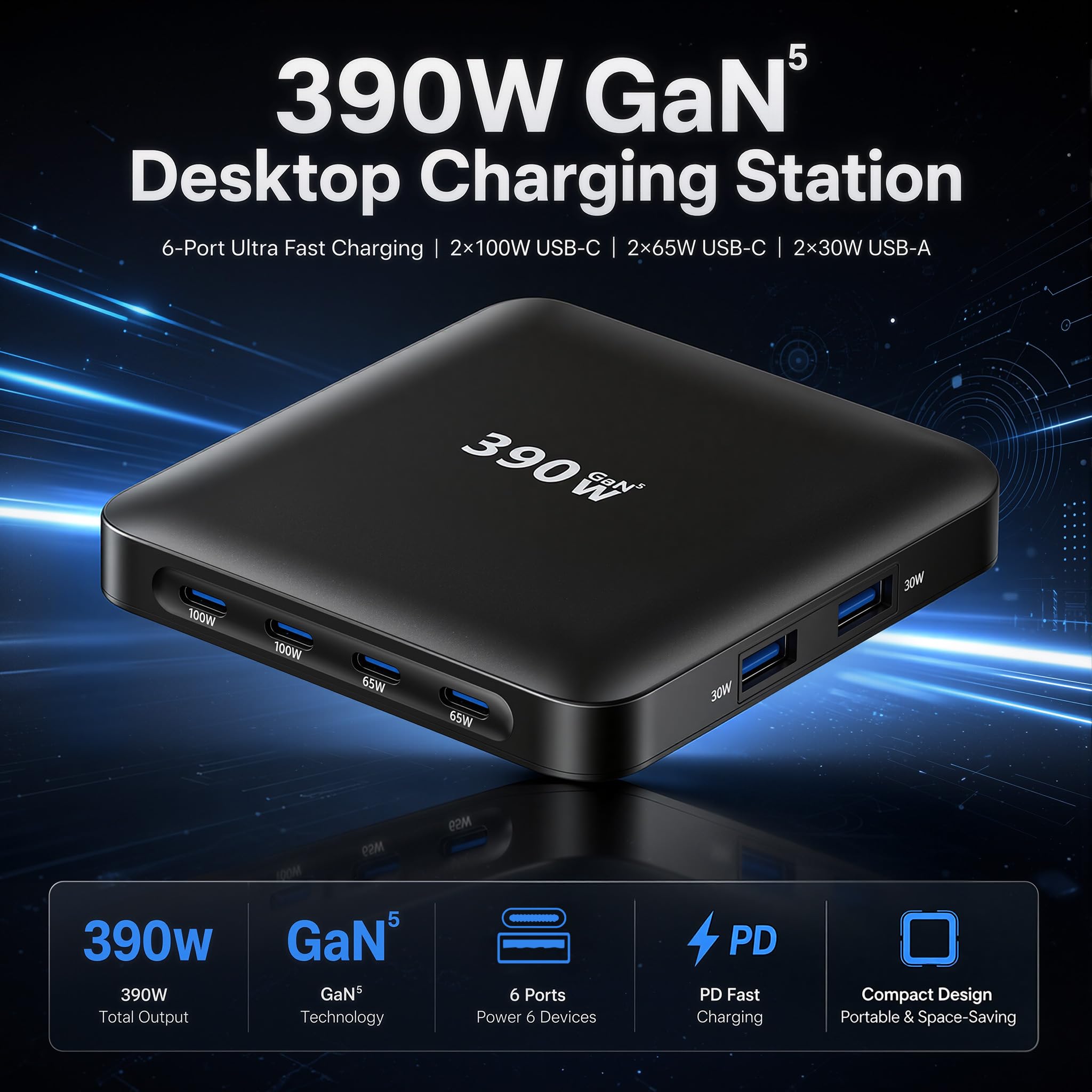 Chargeur USB-C 390W, Chargeur 6 Ports avec 4 USB-C et 2 USB-A, Adaptateur d'alimentation GaN, Compatible avec iPhone 17/16/15/iPad/Galaxy S25/Ordinateur Portable/Tablette