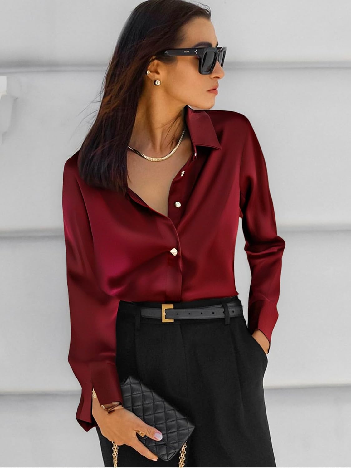 Damipow Satin Silk Button Down Shirts for Women Dress Shirts Long Sleeve Blouses Womens Shirts - Image 2
