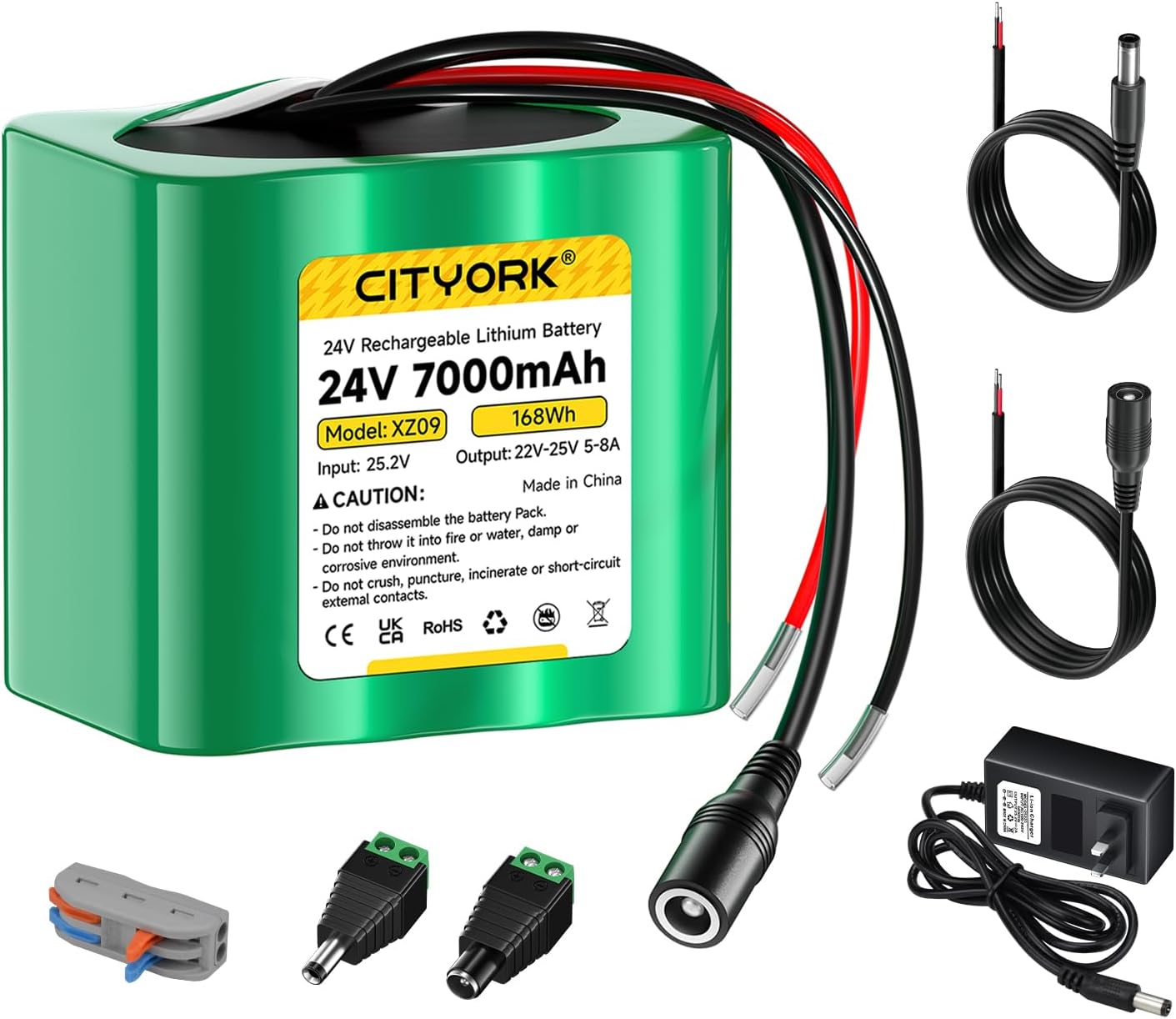 24V Lithium Battery 7000mAh with Charger, 24V Rechargeable Battery, Bare Leads, Cable Connector for DIY Projects, Speakers, Ride-On Cars, Robot, Solar Panels, LED Light Strip, CCTV Camera, etc