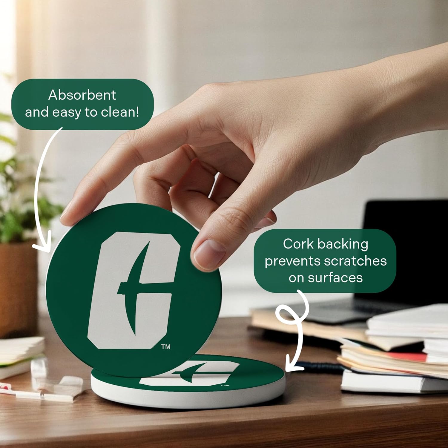 Desert Cactus University of North Carolina Charlotte Circle Ceramic Coasters 4 Pack UNCC Forty Niners 49ers Absorbent Drink Coasters with Cork Backing (Design A) - Image 5