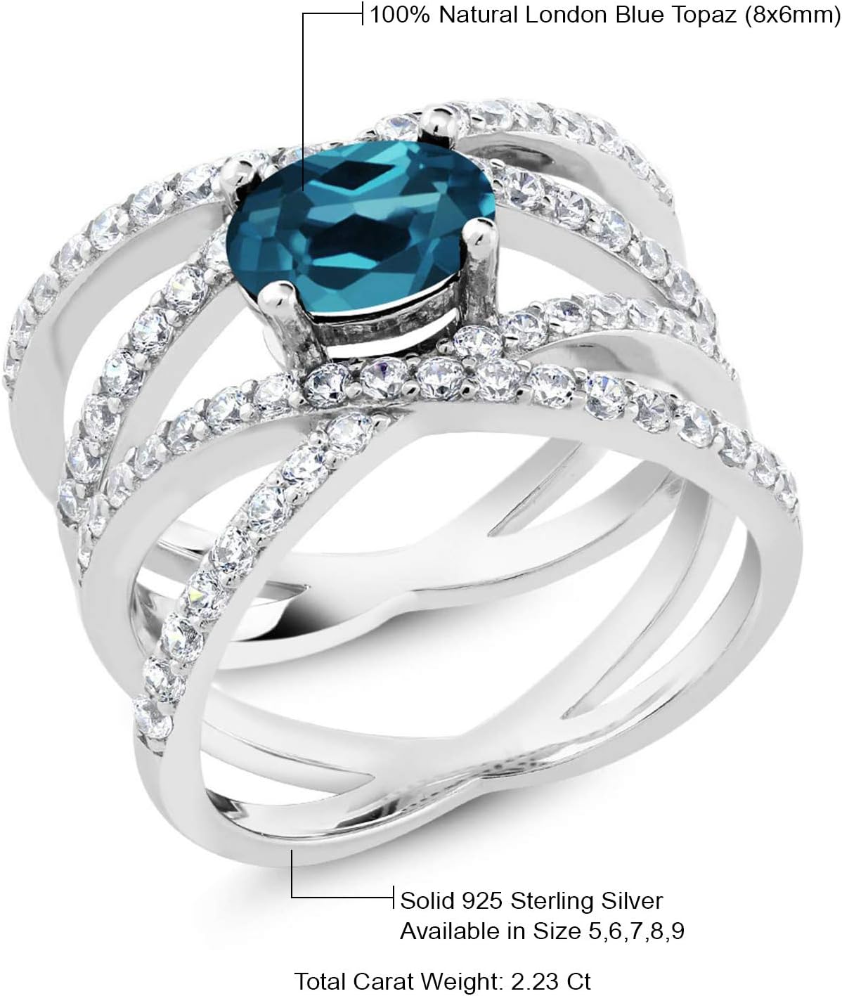 Gem Stone King Criss Cross Engagement Ring For Women | 8X6MM Oval Gemstone Birthstone | 925 Sterling Silver | Fine Jewelry Gifts for Women Her Mom Wife | Size 5-9