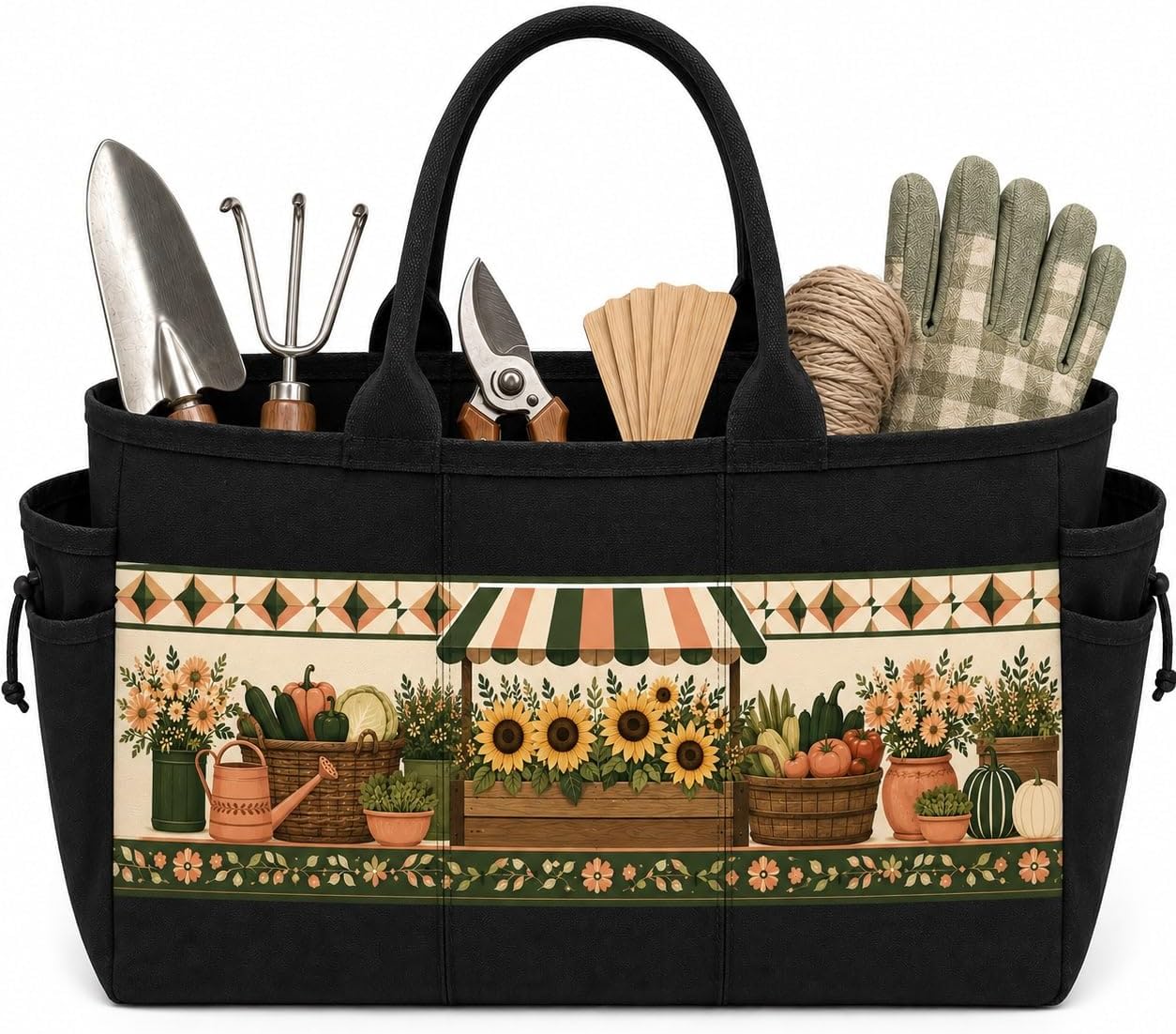 Sunflower Folk Art Garden Tool Bag Organizer for Patio in Summer
