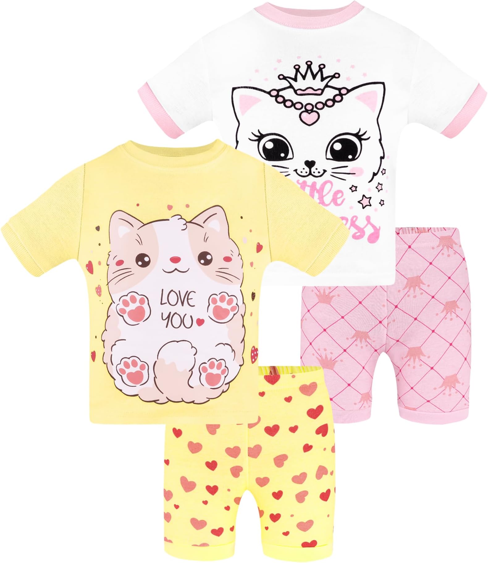 Girls Summer Pajamas Set 4 Pieces 100% Cotton Sleepwear Size 18 Months-12 Years