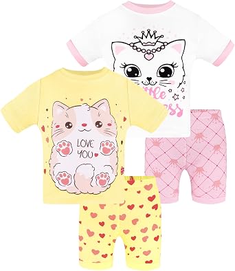 DAUGHTER QUEEN Girls Summer Pajamas Set 4 Pieces 100% Cotton Sleepwear Size 18 Months-12 Years