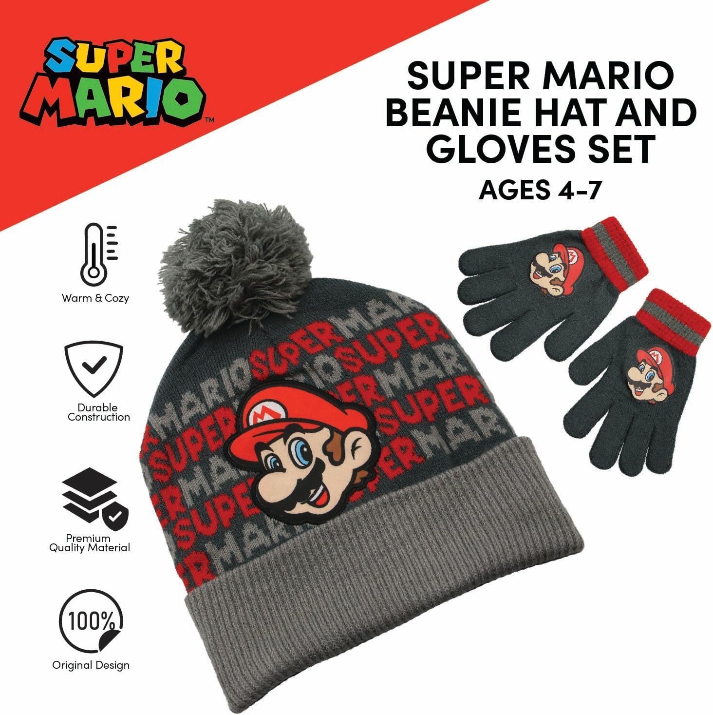 Super Mario & Luigi Girls & Boys Winter Hat & Gloves Set Ages 4-14 Years, Kids Winter Hat & Gloves Set for Boys and Girls - Image 4