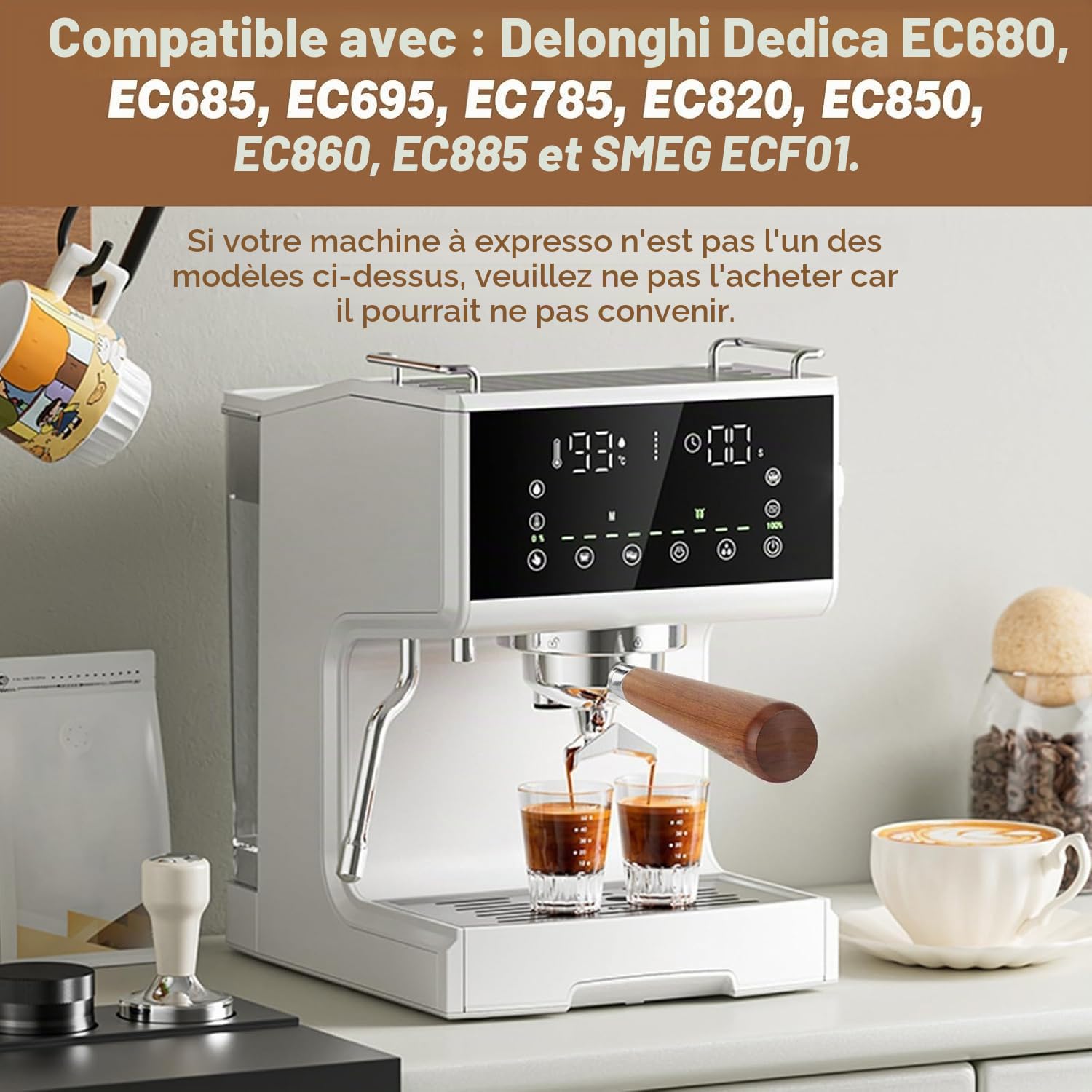 Poignée Porte-Filtre Sans Fond 51mm Compatible Avec Delonghi Dedica EC680, EC685, SMEG ECF01, Avec Outil de Nettoyage et Accessoires en Acier Inoxydable 304