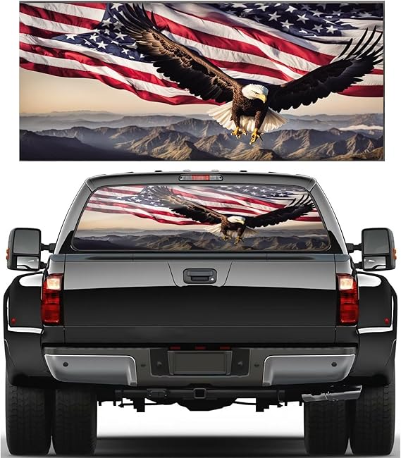 American Flag Truck Rear Window Decal - Bald Eagle Perforated Vinyl Graphic