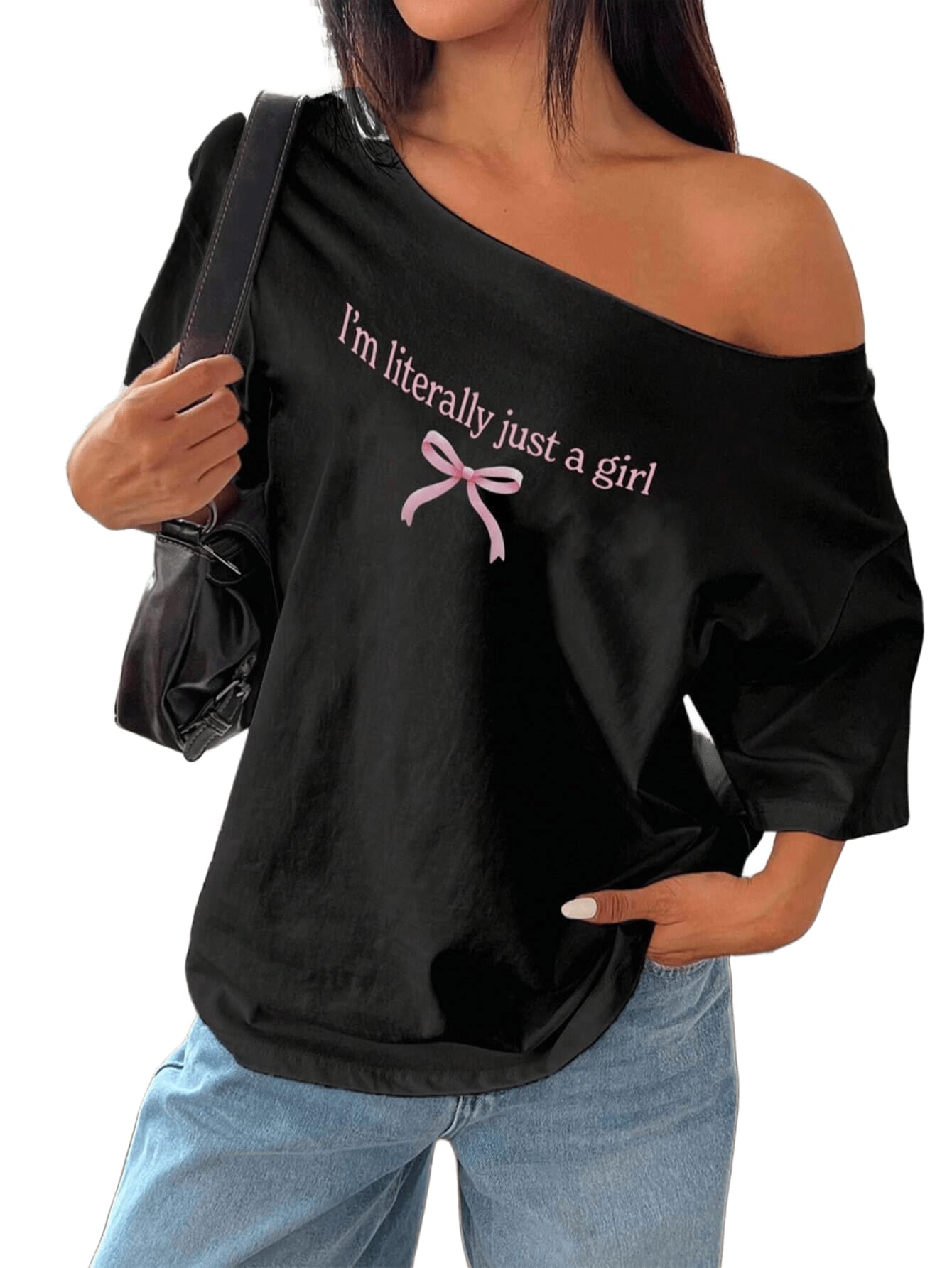 sxv style Women's Off Shoulder White T-Shirt with Pink Bow i am just a Girl Print-picture-37