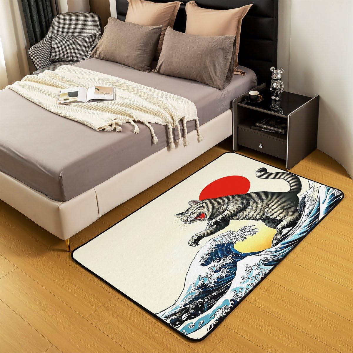 Homewish Tapis Salon 150x200cm Chat Japonais Drôle,Tapis Sol Japonais Ukiyo-E Chat,Tapis Chambre Animaux Kawaii,Décoration D'Intérieur Filles Garçons Adultes Coucher de Soleil Océan Vagues de Mer