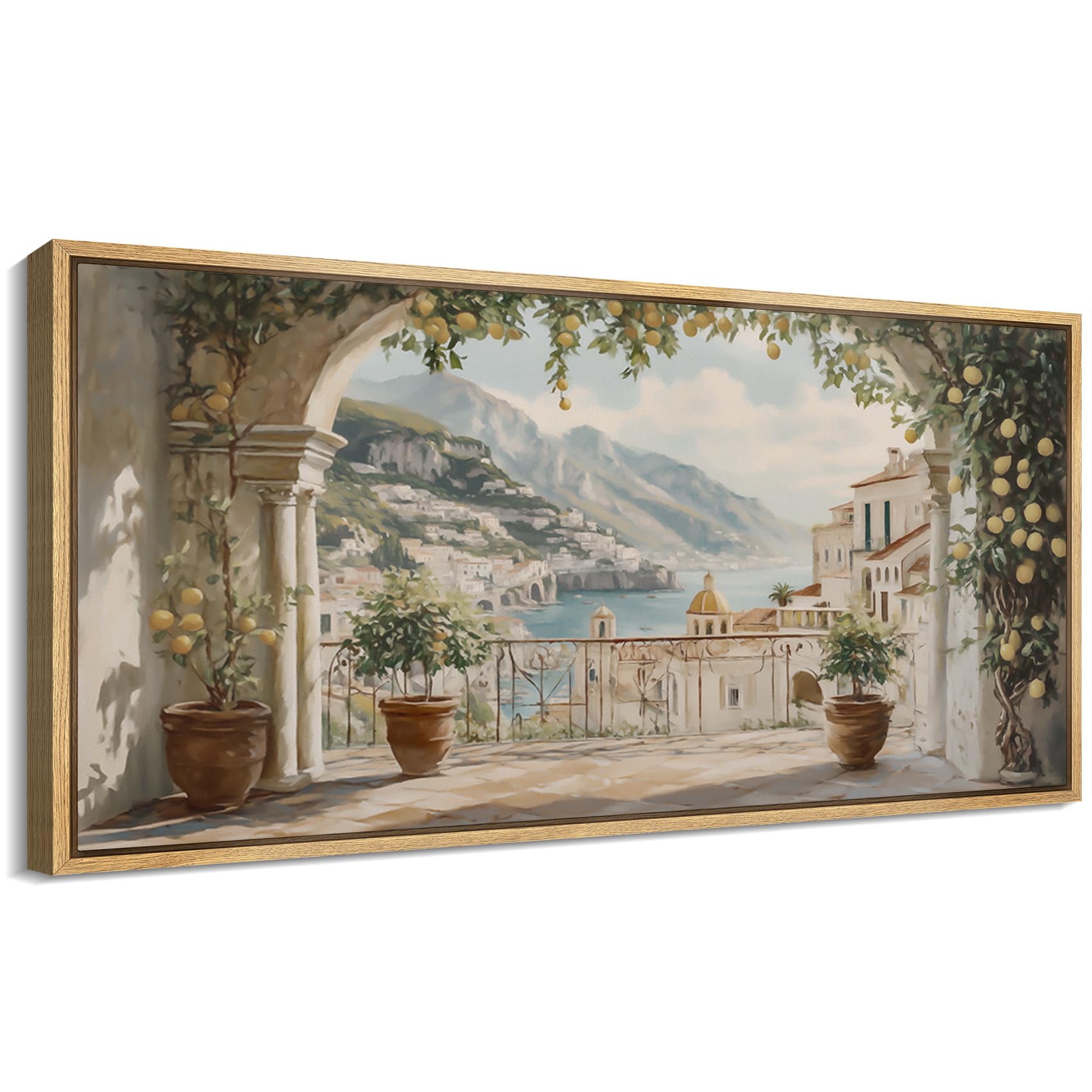 mudecor extra large framed canvas print wall art mediterranean balcony view vibrant coastal landscape illustrations decorative colorful multicolor for bedroom - 60"x30"