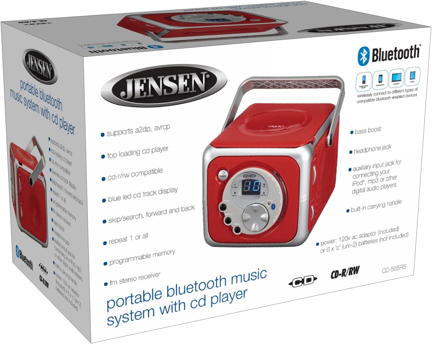 Jensen CD-555RS Red CD Bluetooth Boombox Portable Bluetooth Music System with CD Player  CD-R/RW & FM Radio with Aux-in & Headphone Jack Line-in Limited Edition- (Red)