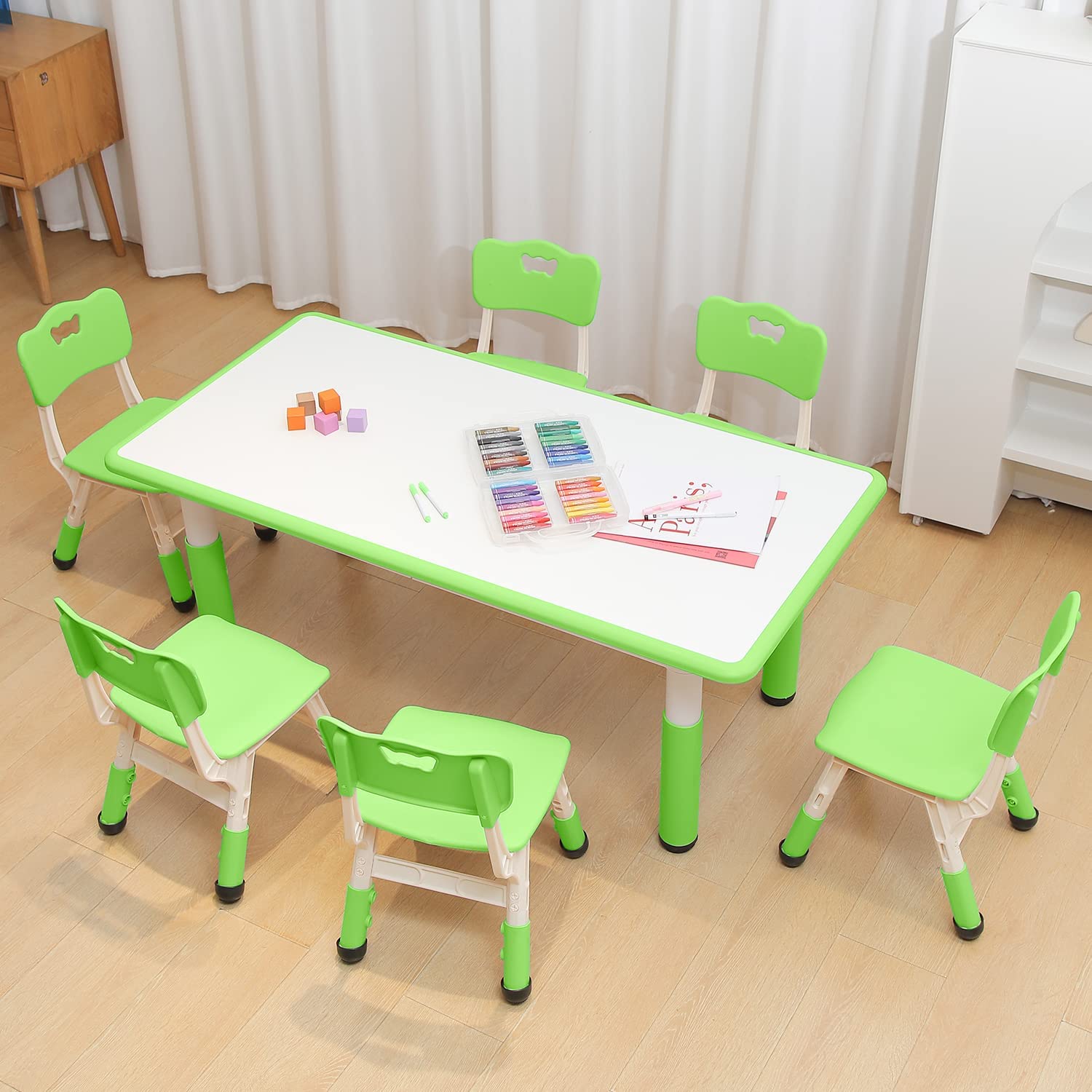 Children Table and Chair Set, Preschool Table, Table and Chairs for Boys and Girls Age 2-12, Height Adjustable Table Top with 6 Seats, can be Drawn,Kids Table for Classrooms/Daycares/Homes