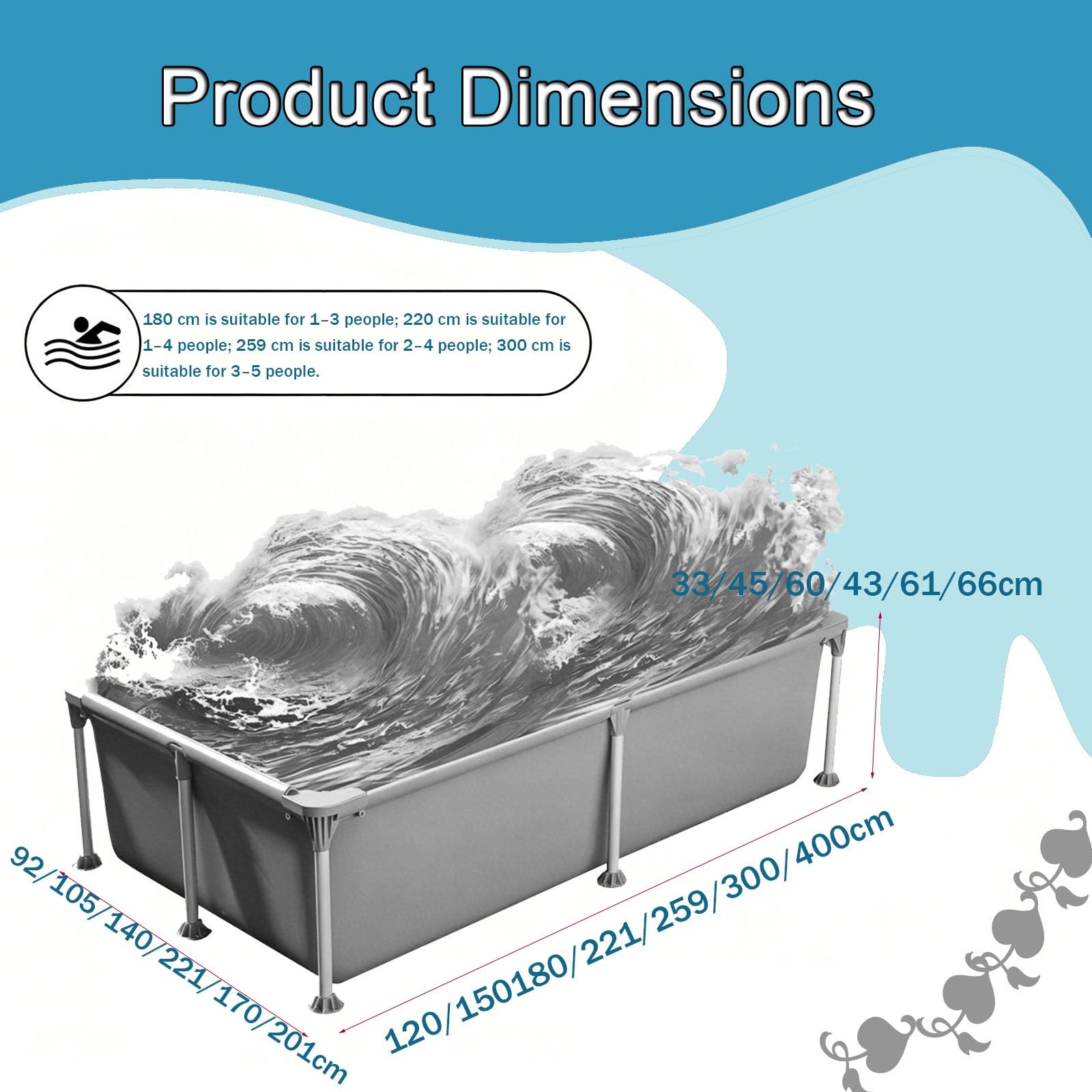 Piscina Rectangular Con Estructura Metálica 120-400 Cm Piscina Con Estructura Para Exteriores Piscina Elevada Con Estructura Piscina Con Estructura De Acero Y Paredes Laterales(120*92*33cm)