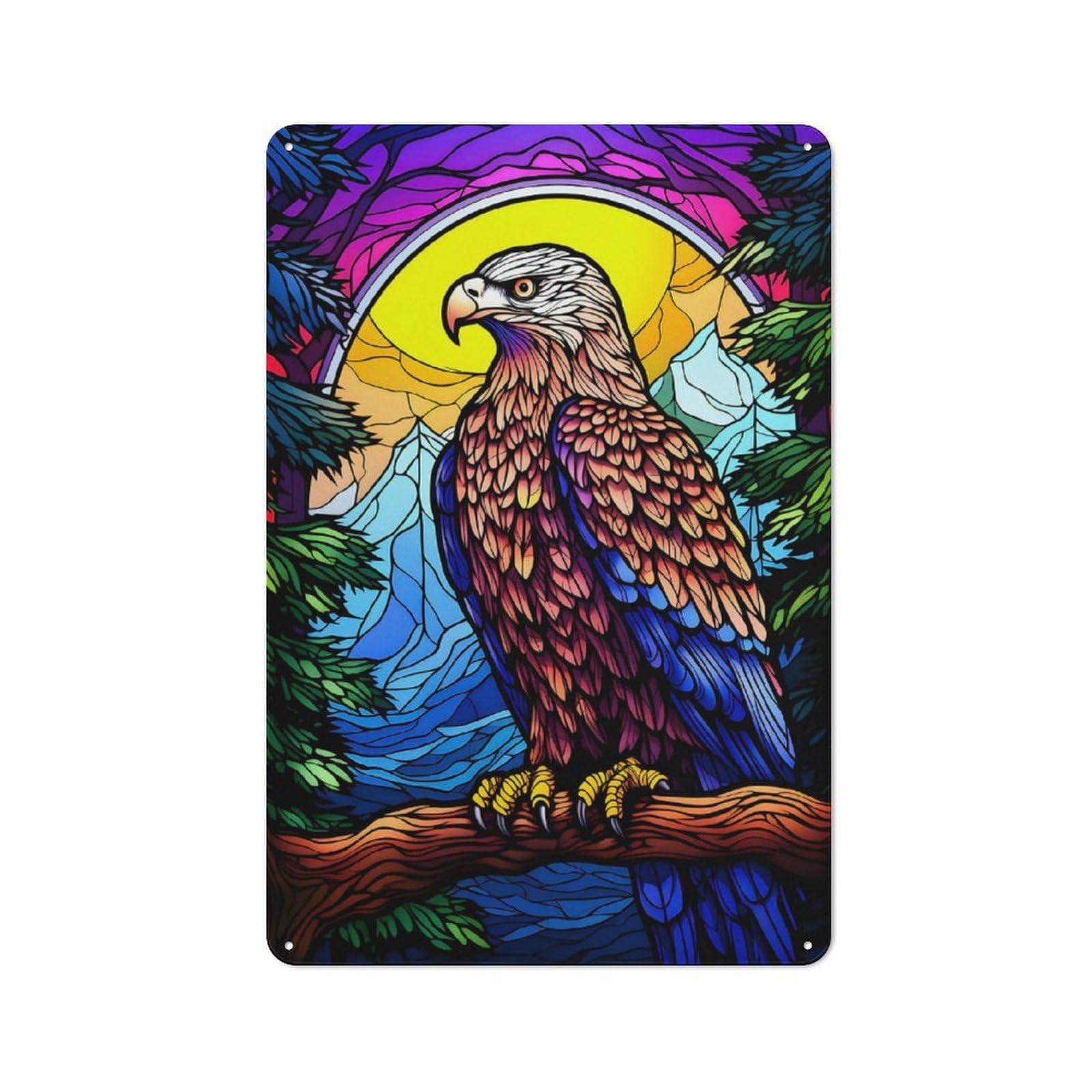 Junmoney Eagle Colorful Stained Gla Rustic Metal Sign 30X20cm For Guest Room Or Hallway, Suited To Hallway Wall Decor Fans