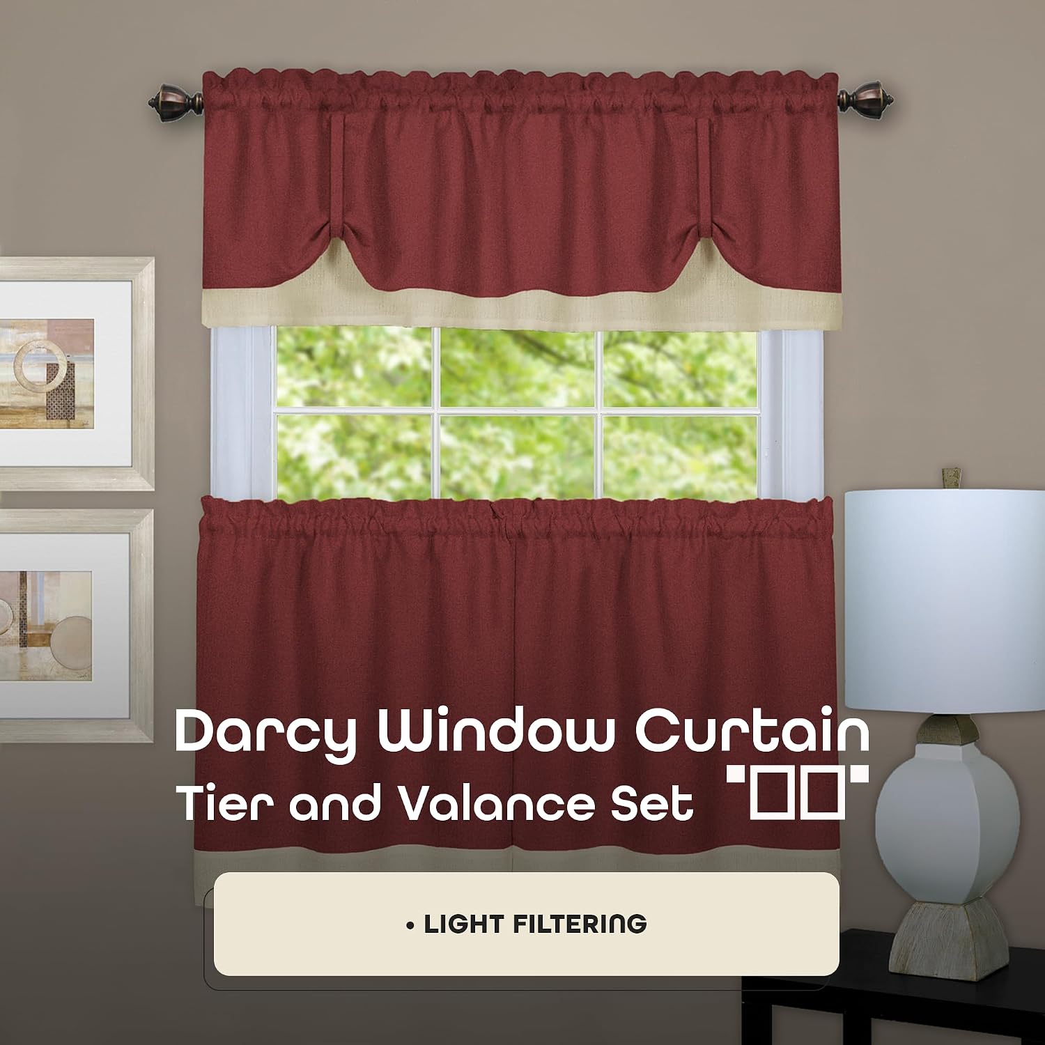 ACHIM Darcy (Marsala/Tan) Tier and Valance Window Curtain Set - 58 Inch Width, 24 Inch Length - Light Filtering Drapes for Kitchen, Bedroom, Living & Dining Room Home Decor