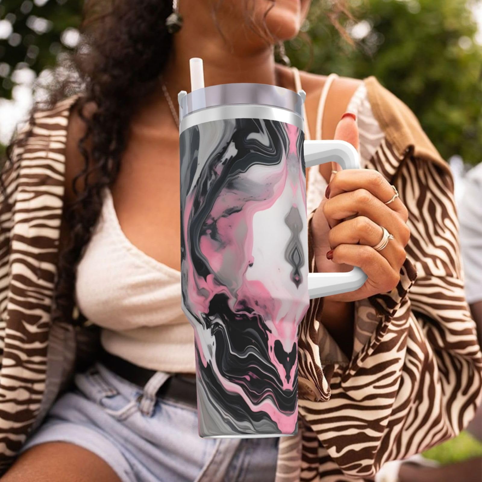 Wasserflasche aus Edelstahl, doppelwandig, isoliert, mit Griff und Strohhalm-Deckel, 1,2 l, Rosa mit abstrakter Tinte, Marmor-Grau