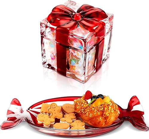 2 platos de Navidad de caramelo de menta, bandeja de cristal para dulces rojos y blancos con tapa, tarros de dulces de Navidad, bandejas para servir