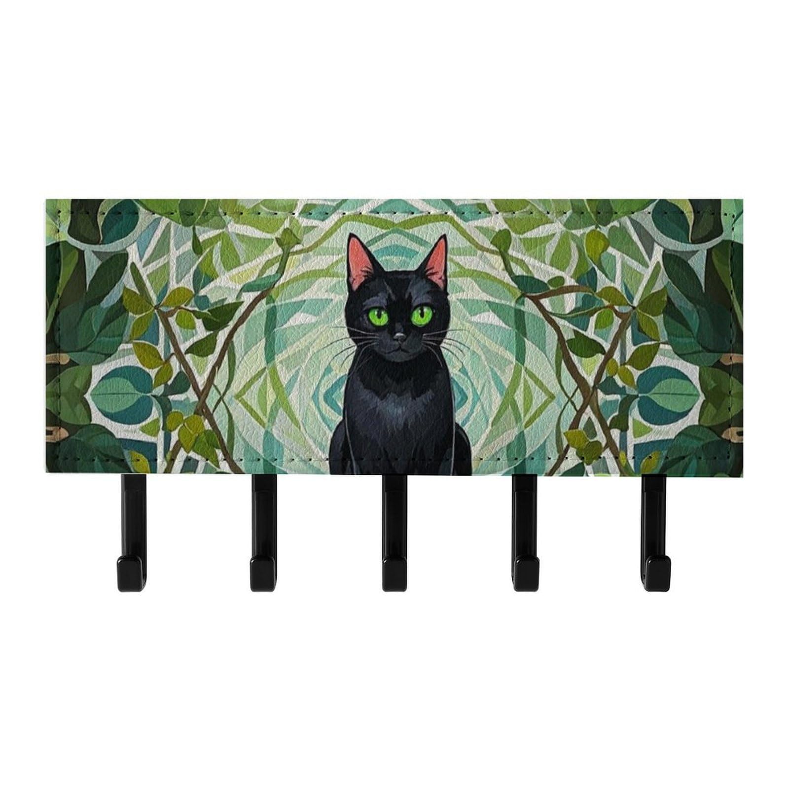 QMNLKH Black Cat Wall Mounted Key Rack for Home, No Drilling Key Holder with 5 Hooks, Self Adhesive Keys Chain Organizer for Hallway, Keys Hanger Shelf for Office, Doorway Black