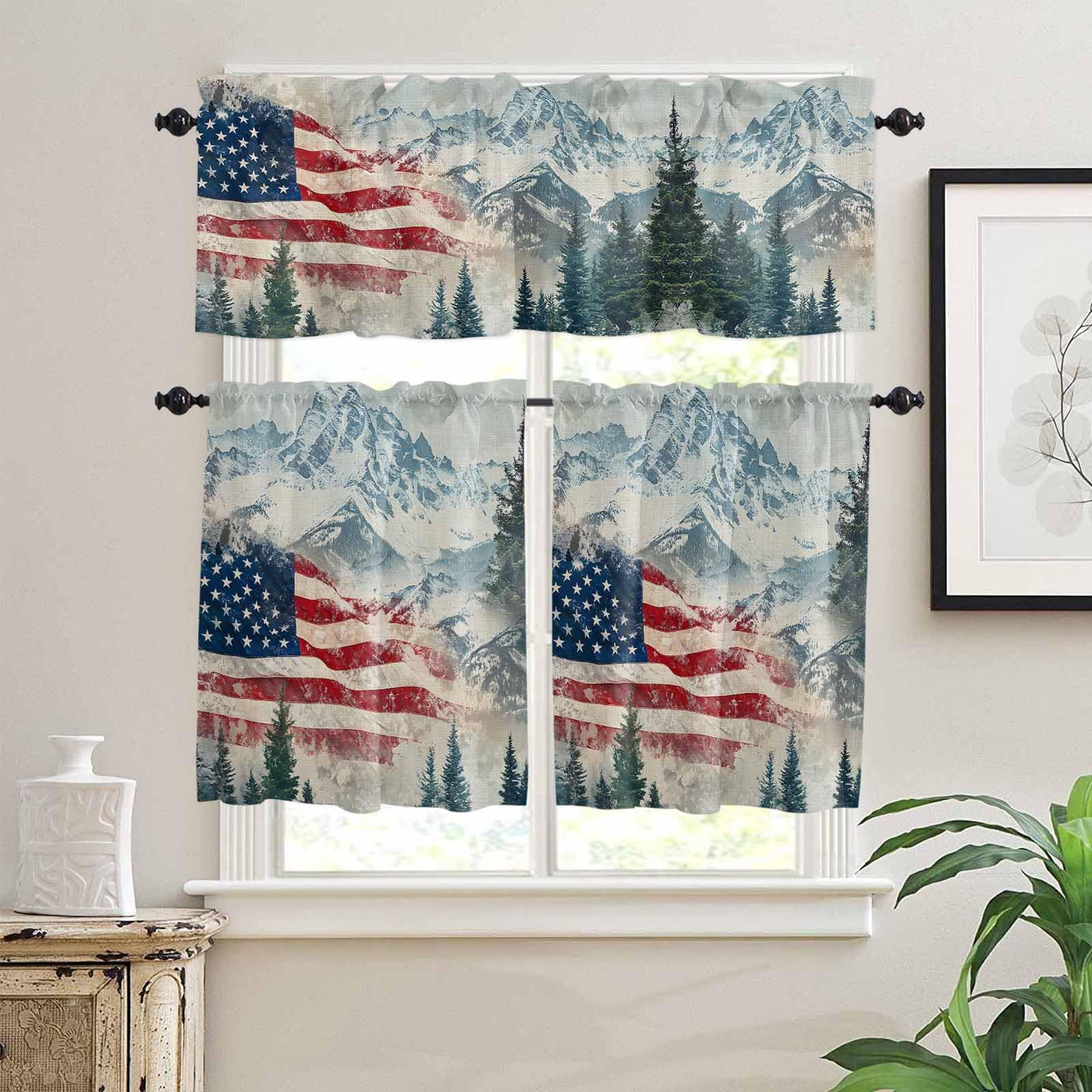 4th of July Kitchen Curtains 24 Inch Length, 3 Piece Rod Pocket Small Half Tiers and Valance Set, American Flag Forest Independence Day Small Large Window Treatment Decor for Bedroom/Bathroom Sink