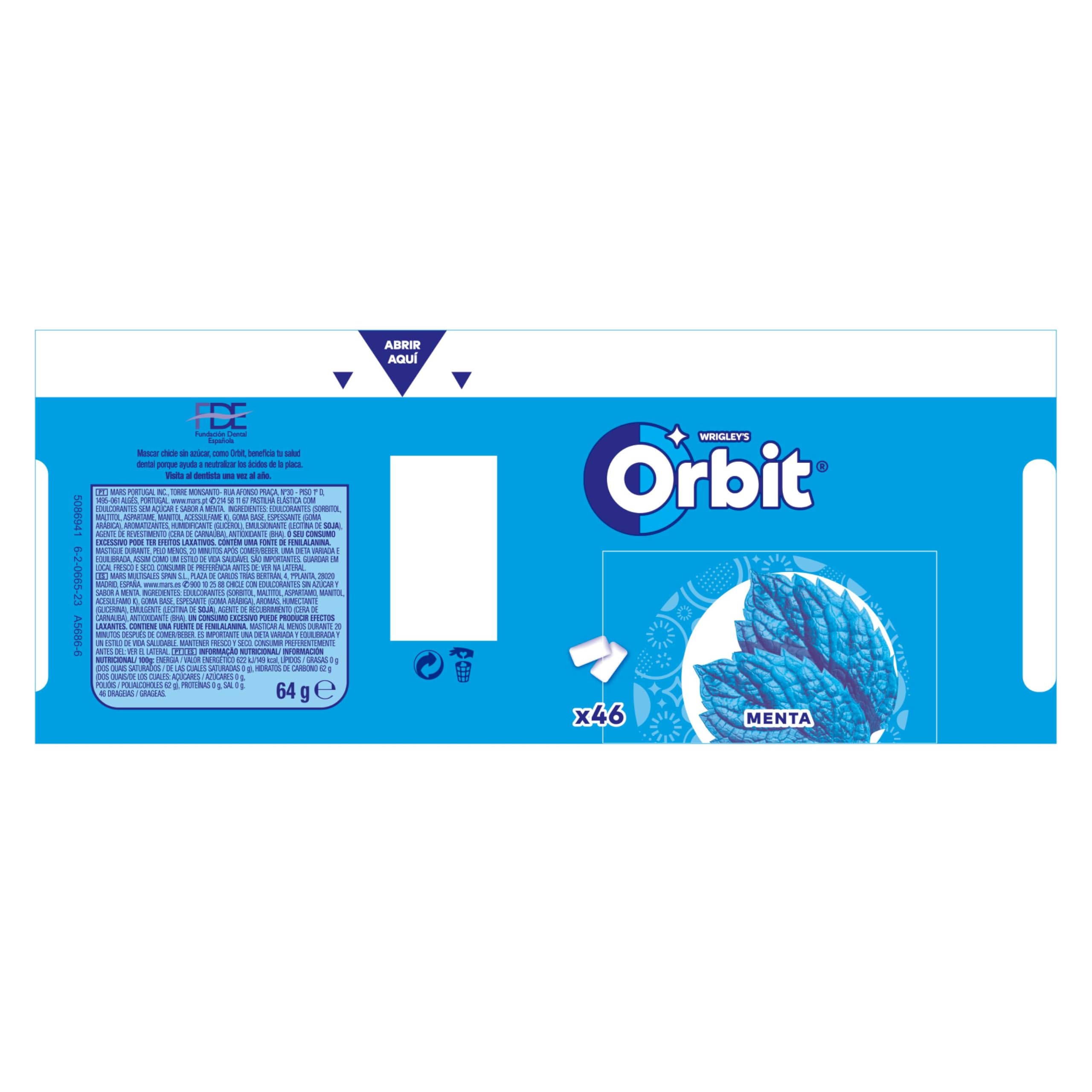 Orbit Chicles Sin Azúcar Sabor Menta Fresco Intenso Larga Duración Gragea 6x46