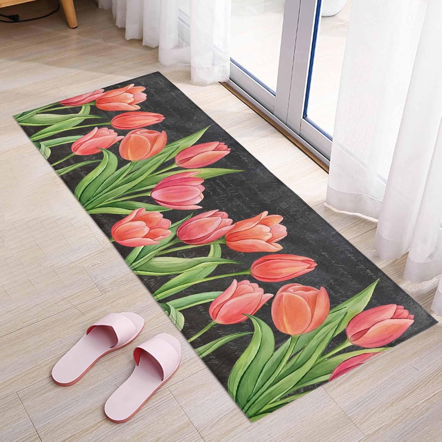 Teamery Kitchen Mats for Floor Spring Tulips Pastoral Floral Washable Non Slip Kitchen Rugs 1PCS, Green Botanical on Black Absorbent Standing Mats for Sink Bathroom Office Living Room 23.6x70.9in