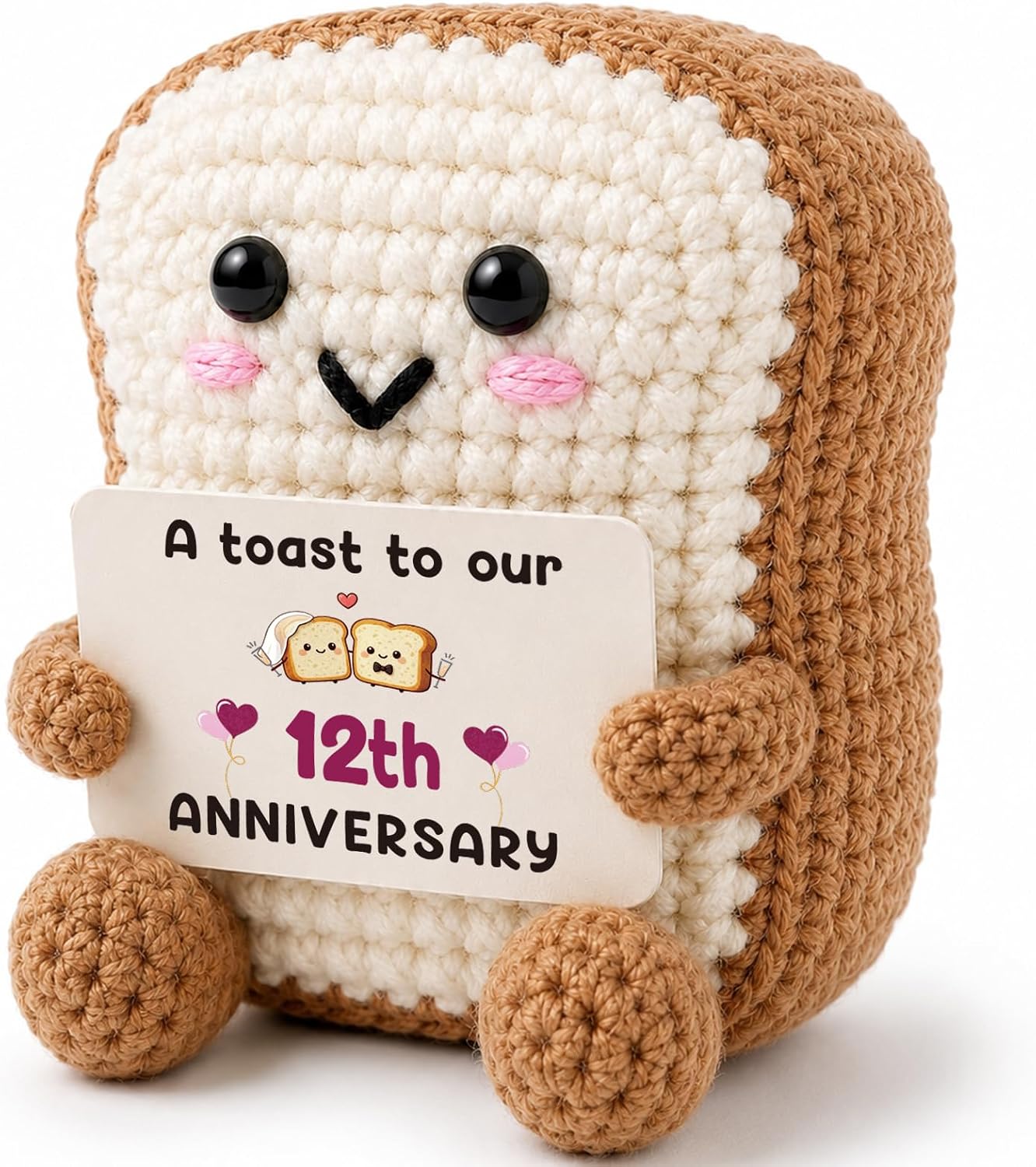 12 Year Anniversary Couples Gifts for Boyfriend Girlfriend, Handmade Mini Crochet Toast Keepsake with Card, 12th Wedding Anniversary Gift for Him Her, Romantic Husband Wife Desktop Décor