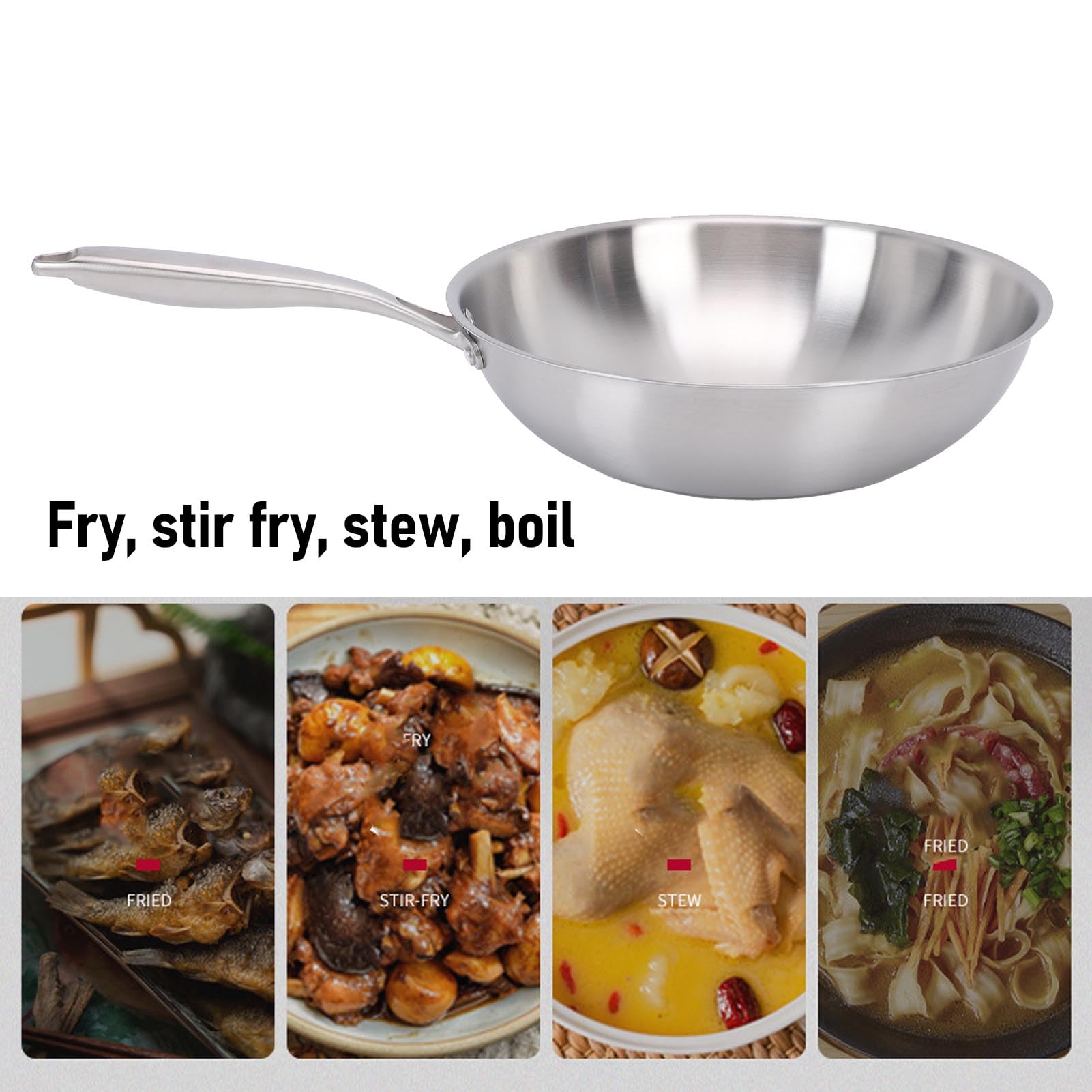 Cocoarm Wok de Acero Inoxidable, Acero Inoxidable 304 de Grado Alimentario con Núcleo de Aluminio para un Calentamiento Rápido y Uniforme, Compatible con Inducción, Apto para (34CM)