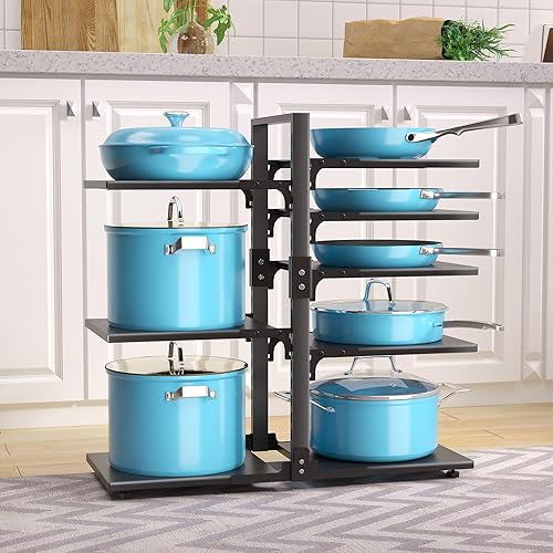 Miniatura 7 de Organizador de sartenes de 8 niveles para gabinete, organizador de ollas y sartenes a presión debajo del gabinete, adecuado para almacenamiento de