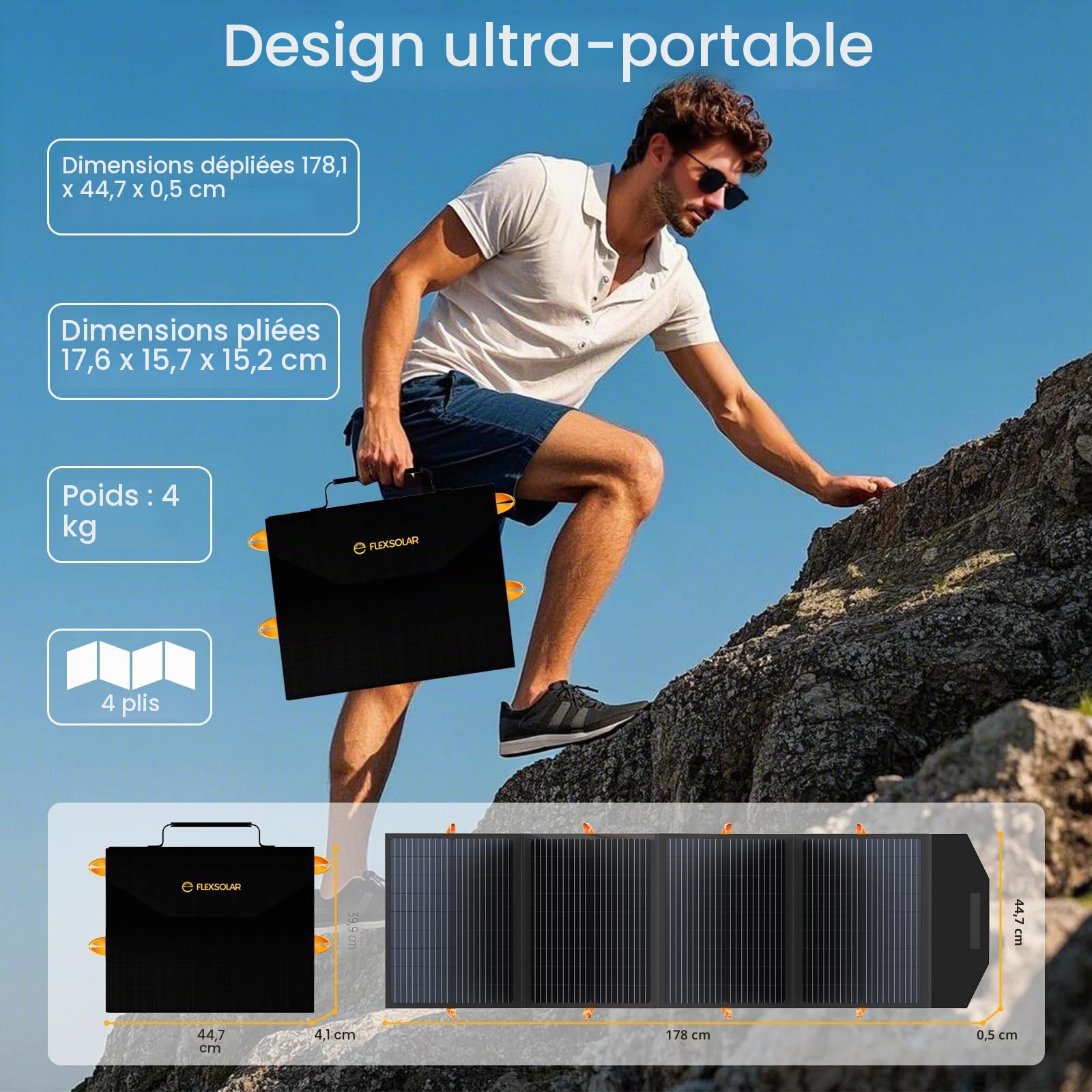 Panneau solaire 120 W pour centrale électrique, charge rapide de l'énergie solaire portable USB A QC3.0 PD 60 W USB-C Ports étanche IP67pour téléphones portables, ordinateurs portables, iPad