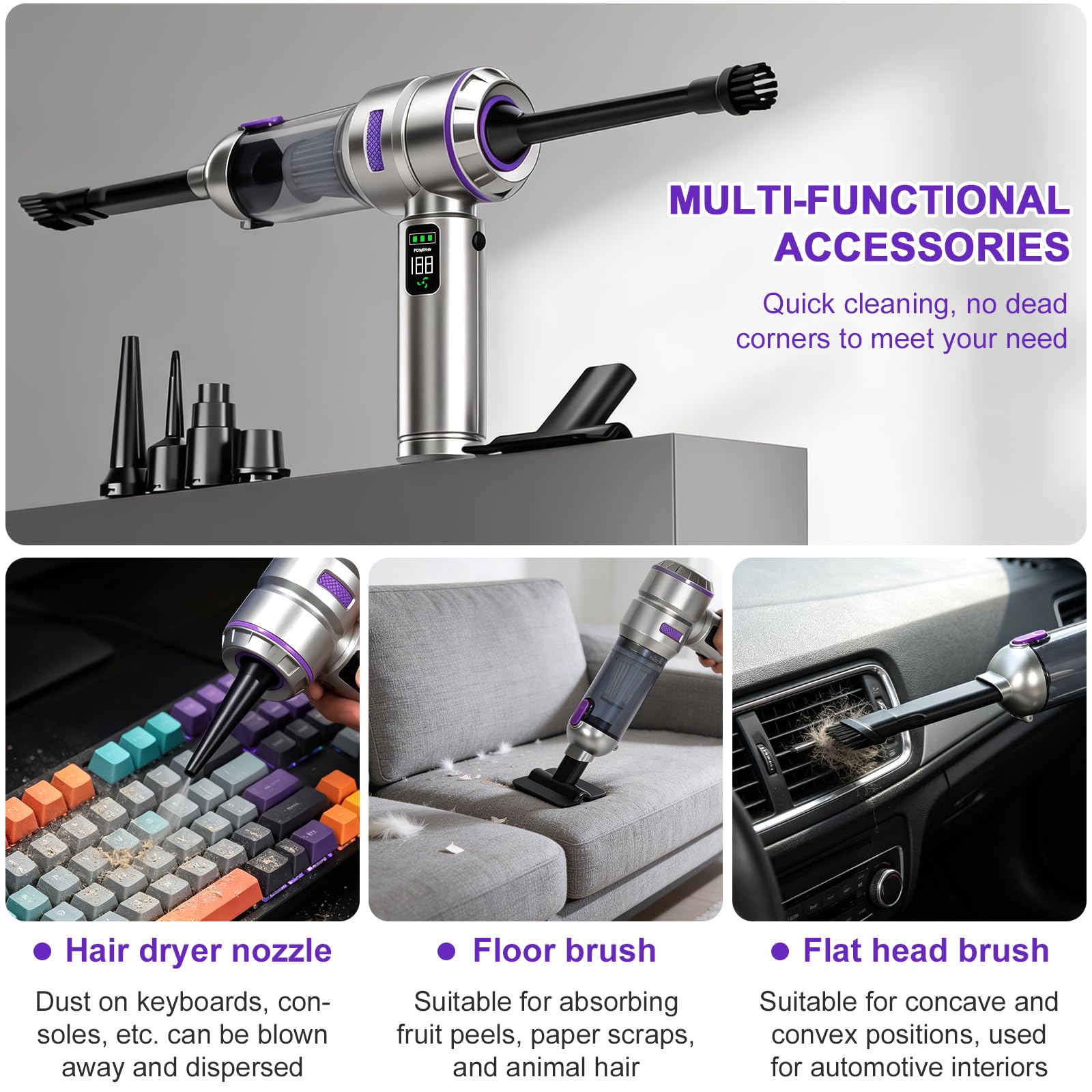 Aspirabriciole Senza Fili, 24000Pa 4-in-1 Aspirapolvere Auto Cordless con Schermo, Aspiratore e Soffiatore con Motore Brushless, per la cucina, l’automobile, la casa, i peli di animali