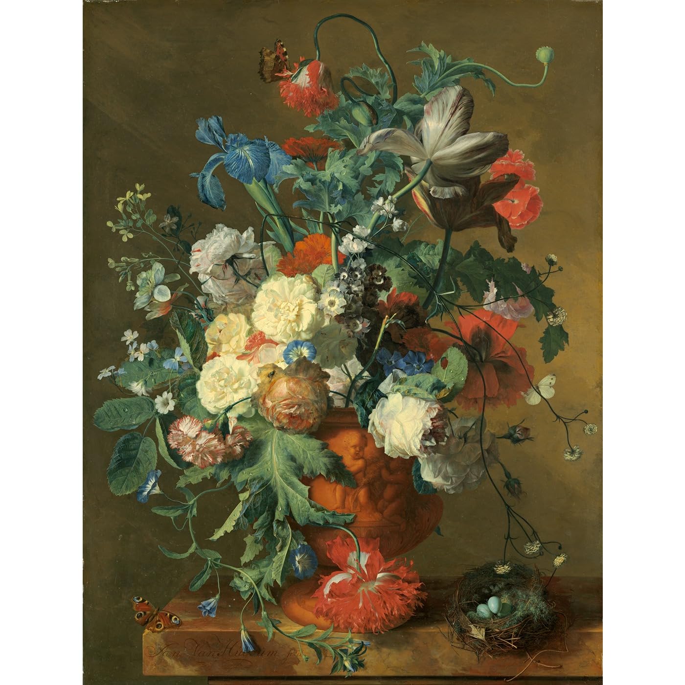 Impression sur toile bouquet de fleurs vase en terre cuite reproduction tableau 1720