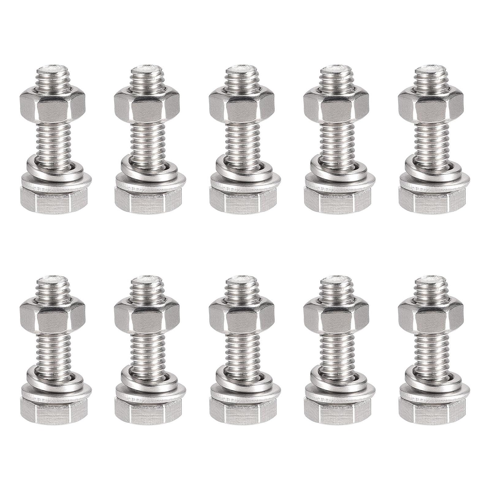 TOP-VIGOR 10Pcs M6 x 20mm Hex Head Screws Bolts, Nuts, Flat & Lock Washers Kits