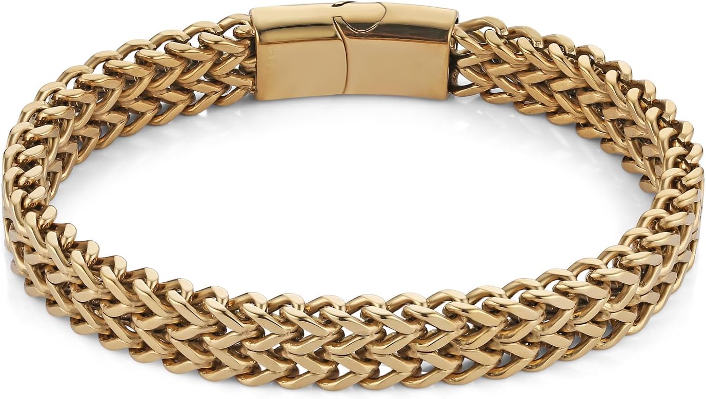 HZMAN Double Row Franco Chain Bracelet for Men - 8.66 Inch Heavy Duty Stainless Steel Curb Link,Gold Tone & Silver Masculine Wrist Jewelry Gift