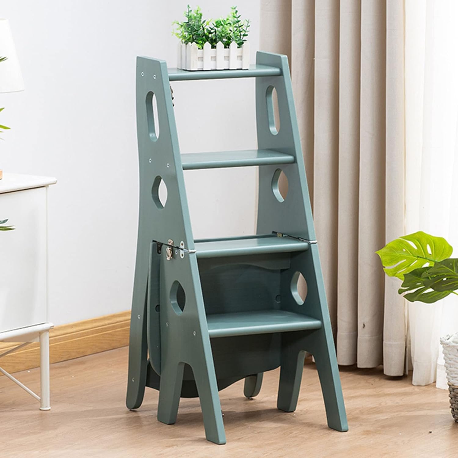 4 Step Ladder Stool, Folding Stepladder Wooden Stairs Chair Multifunction Stairway Chairs Library Steps Bookshelf Display Shelves Plant Stand Dinner Chairs Light Green