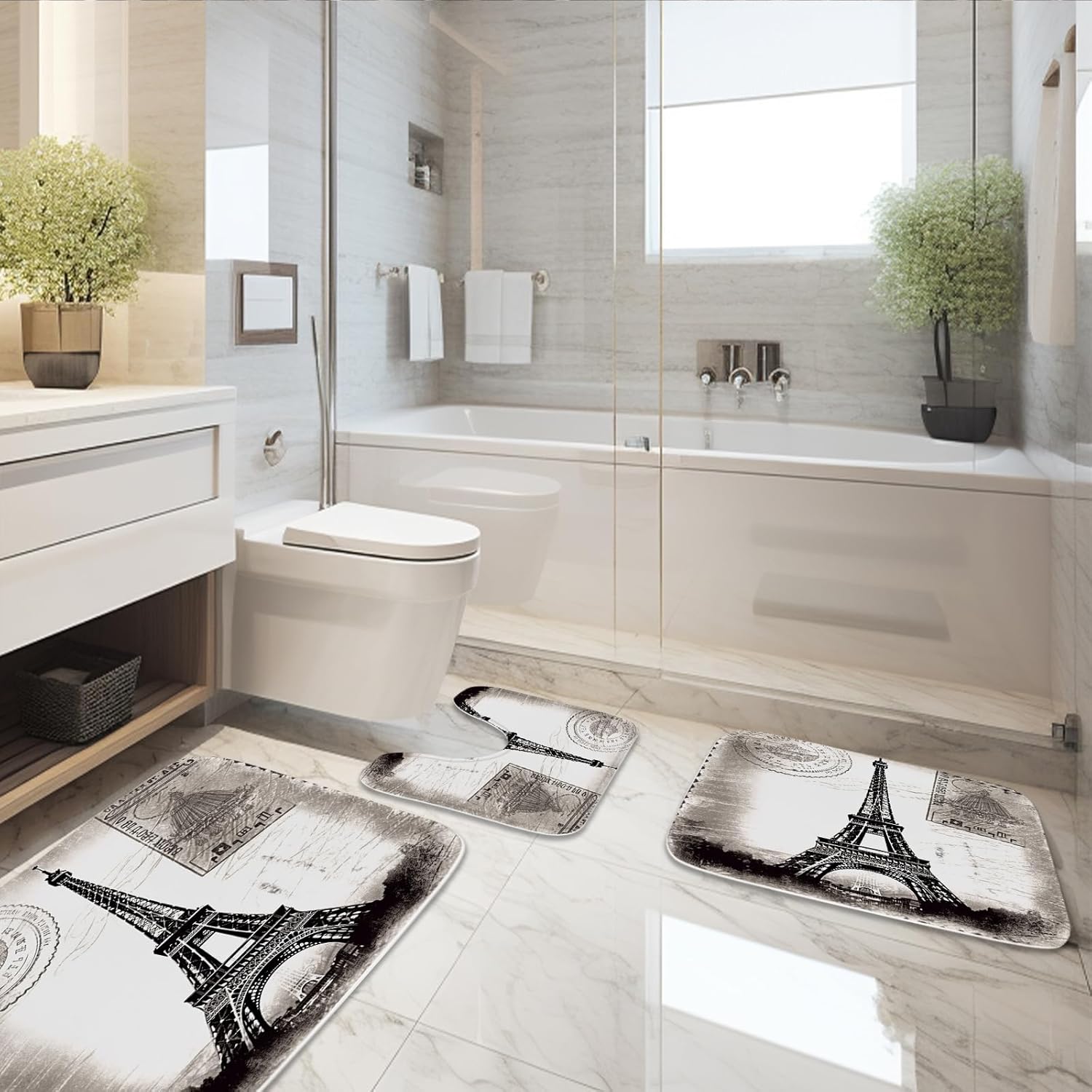 Postcard Theme Eiffel Tower Paris Bathroom Rugs and Mats Sets, 20 x 31 Large Imitation Cashmere Bath Mat, 16 x 20 U-Shaped Contour Shower Mat Non Slip, Bath Rugs 16 x 24 Inches