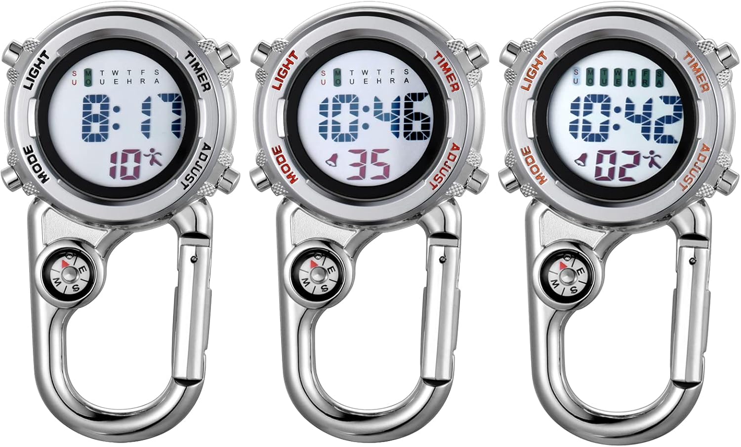 JewelryWe Mens Womens Digital Clip-on Watch Mini Microlight Backpack Buckle Belt fob Watch for Rock Climbing Doctors Nurses Chefs