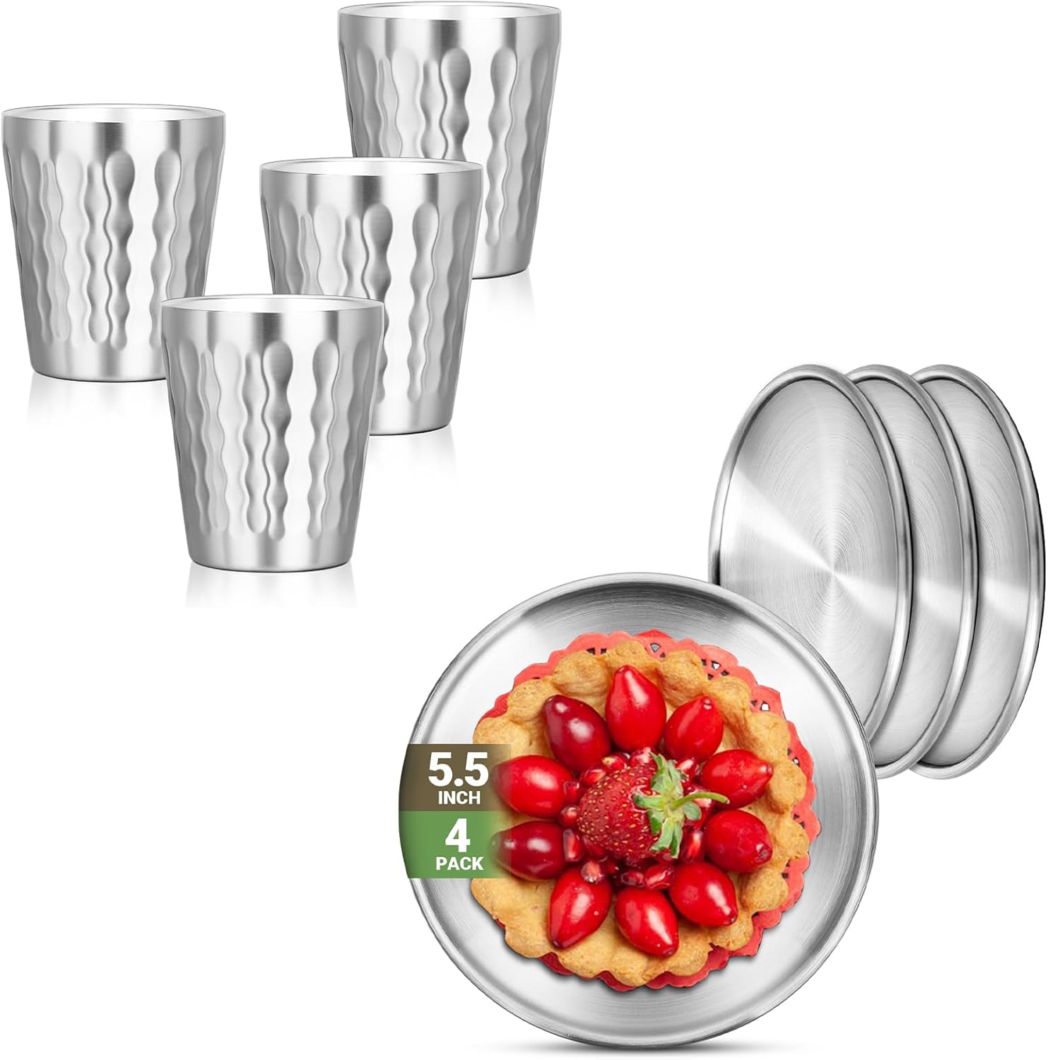 10oz 4 Cups and 5.5" 4 Plates 304(18/8), Round Shatterproof Stainless Steel Plates, Double Wall Stackable Unbreakable Stainless Steel Cups for Outdoor Travel Camping BBQ Home Dinner