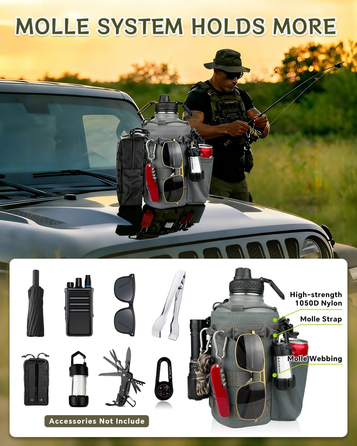  Half Gallon Water Bottle Insulated with Sleeve-64 oz Stainless Steel Water Jug with Strap Paracord Handle Metal Sport GYM Water Bottles for Hunting Hiking Travel Biking Gray thumbnail