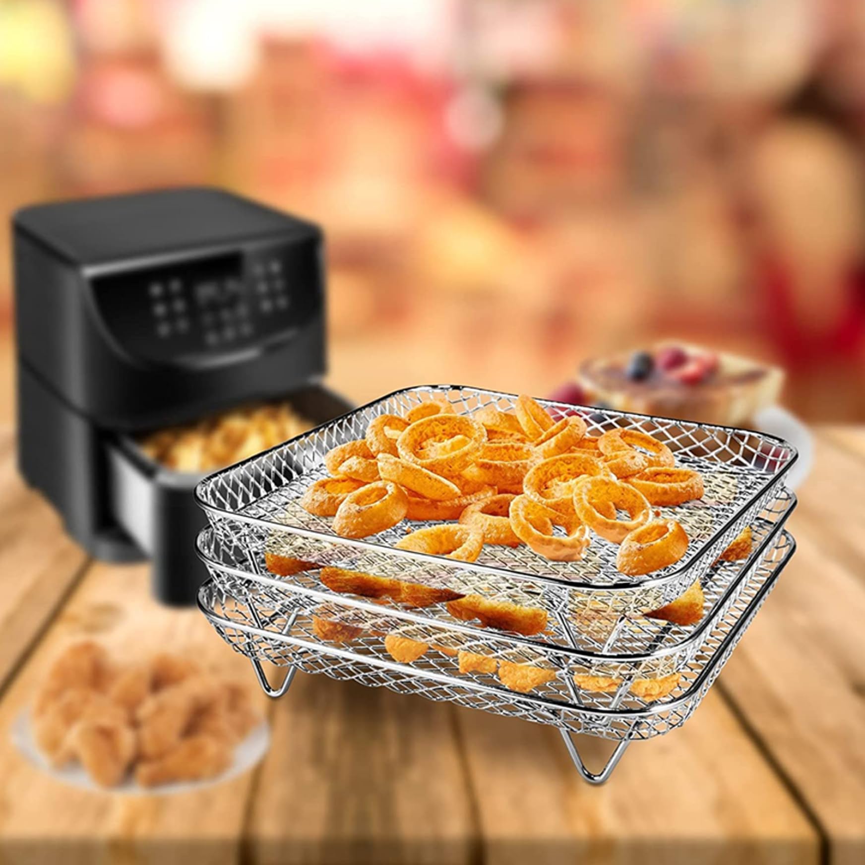 Griglia per friggitrice ad aria, 3 pezzi, impilabile, a torre quadrata, da 20 cm, in acciaio inox, accessori per friggitrice ad aria, accessori per barbecue, forno, friggitrice ad aria da 8 Qt,