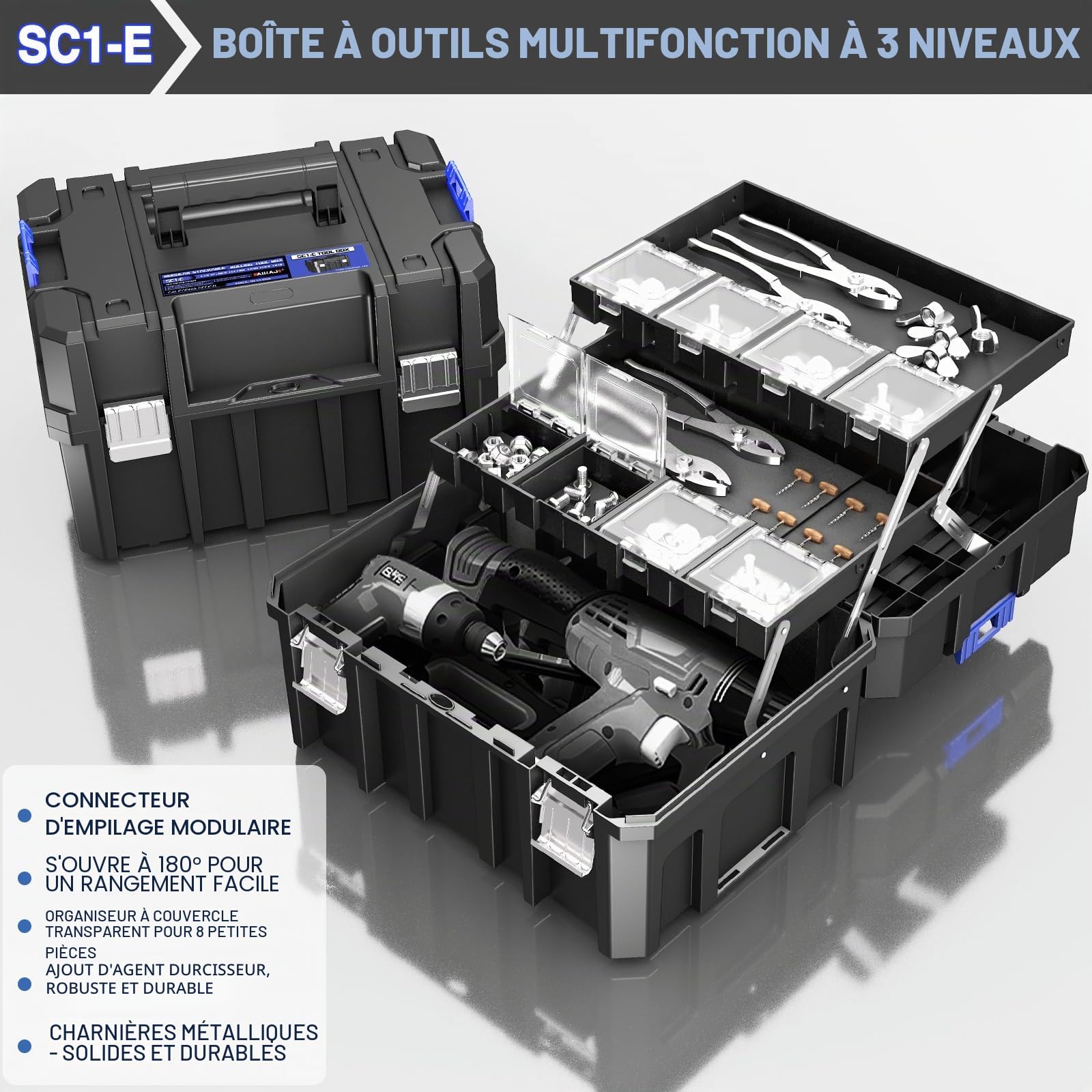 Caisse a Outil à roulettes à cinq niveaux,Boite a Outils Modulaire Empilable,Caisse a Outil Vide Portative avec Tiroir,Robuste et Durable,dans le garage, les réparations domiciliaires