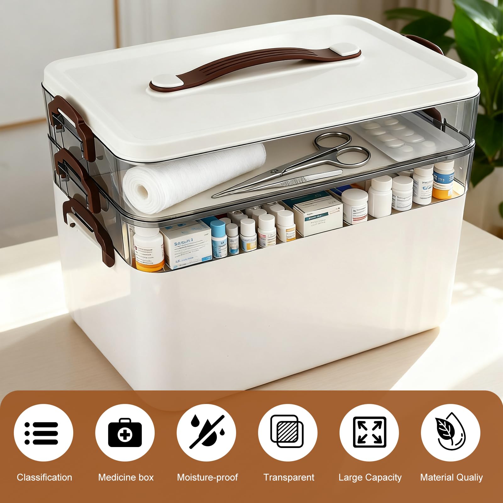 CEWROM Medicijnbox met 3 etages, medicijnbox, huisapotheekbox met handvat en uitneembaar vak, multifunctionele medicijnorganizer, huisapotheekbox voor medicijnen, gadgets