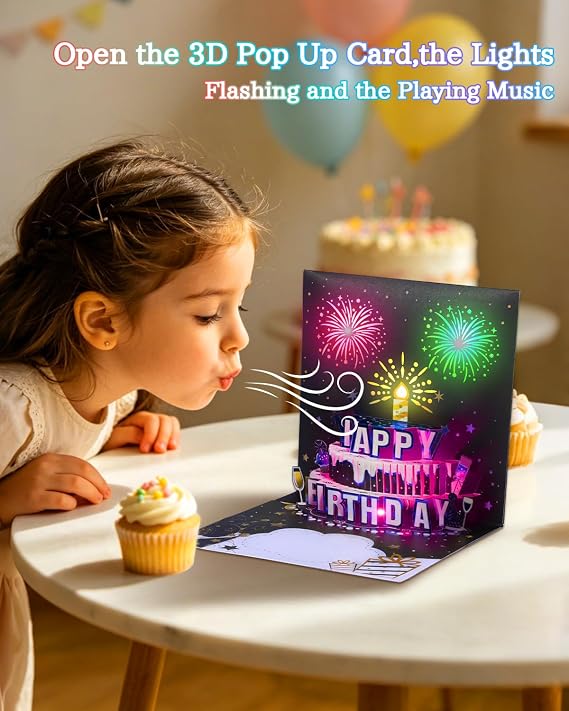 Musical Birthday Cards, Pop Up Birthday Cards for Men, Birthday Cards with LED Light & Music Blow The Candle, Singing Happy Birthday gifts Card for Husband - Women, Kids, Son, Her, Dad