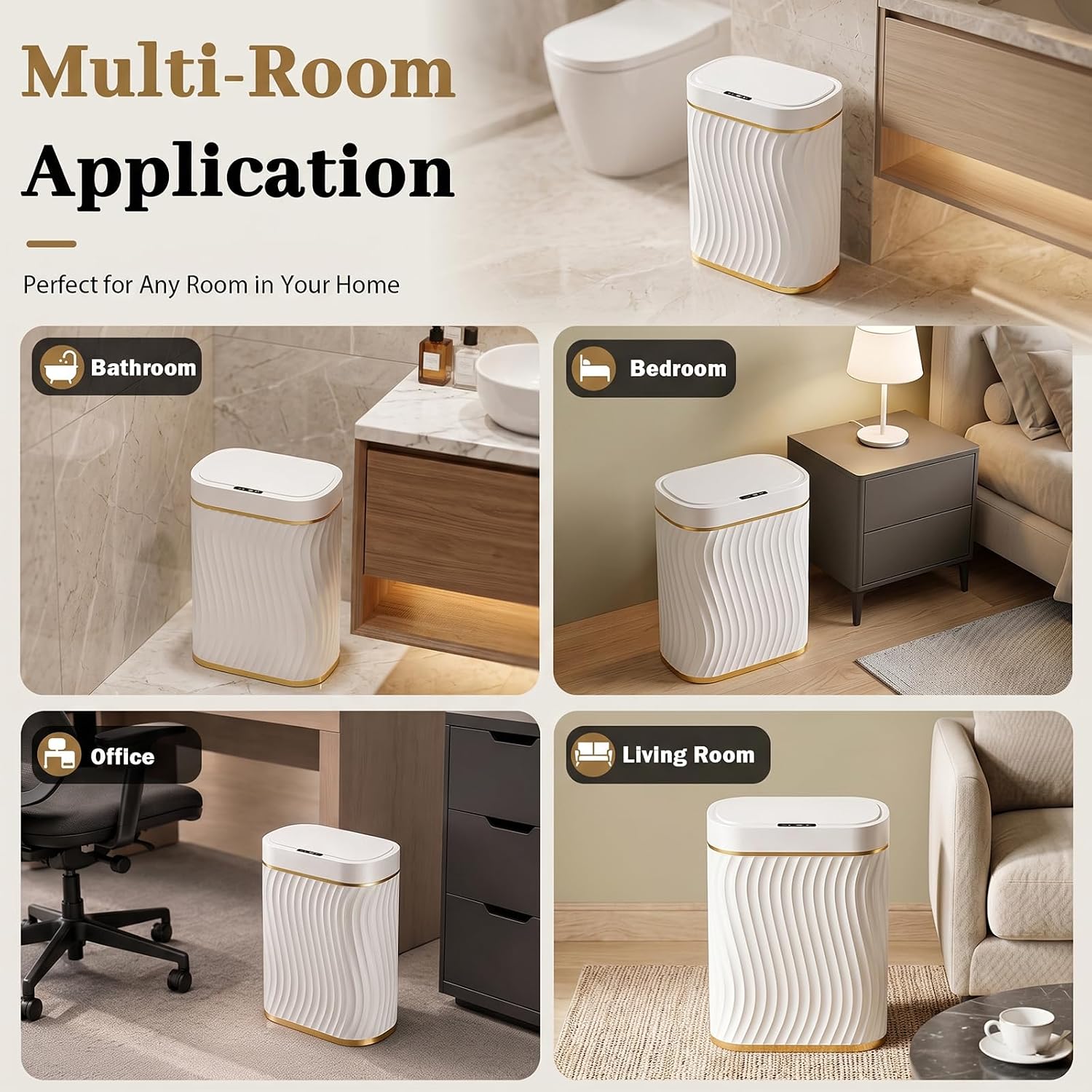 5 Gallon Automatic Bathroom Trash Can with Touchless Lid, White Gold | Motion Sensor Trash Can with Slim Waterproof Body; Small Plastic Garbage Can, hands-free lid for Bedroom, office, and kitchen