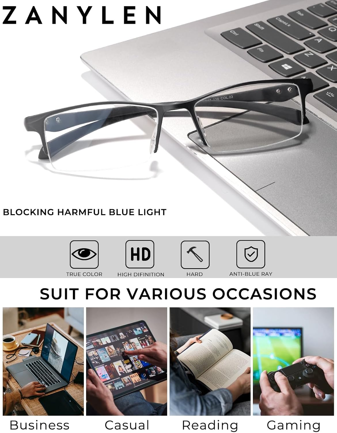 ZanyLen Blue Light Glasses for Men Semi Rimless Rectangular Computer Glasses