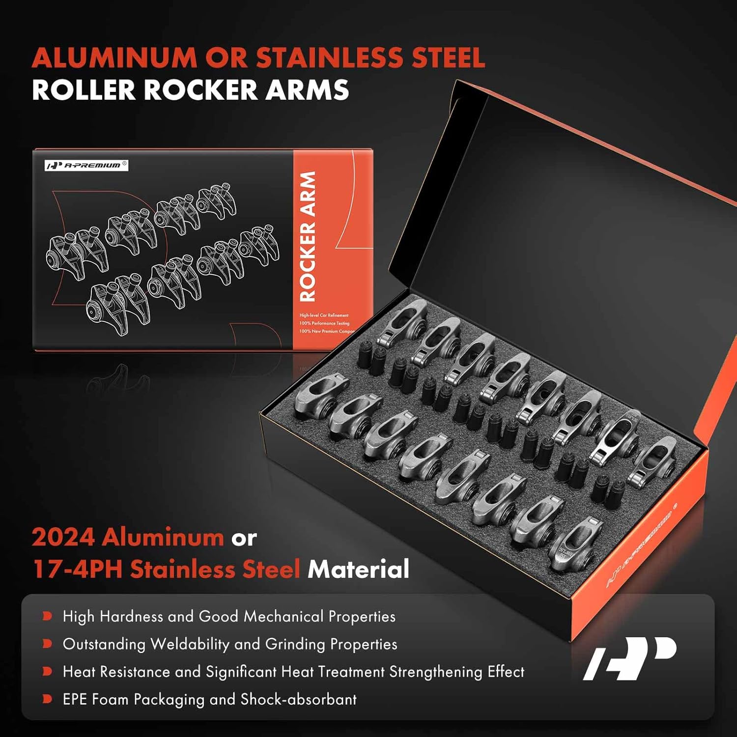 A-Premium 16Pcs Stainless Steel Shaft Mount Rocker Arms Kit with Needle Bearings, Self-aligning Compatible with Chevy SBC 350, 1.5 Ratio, 7/16" Studs