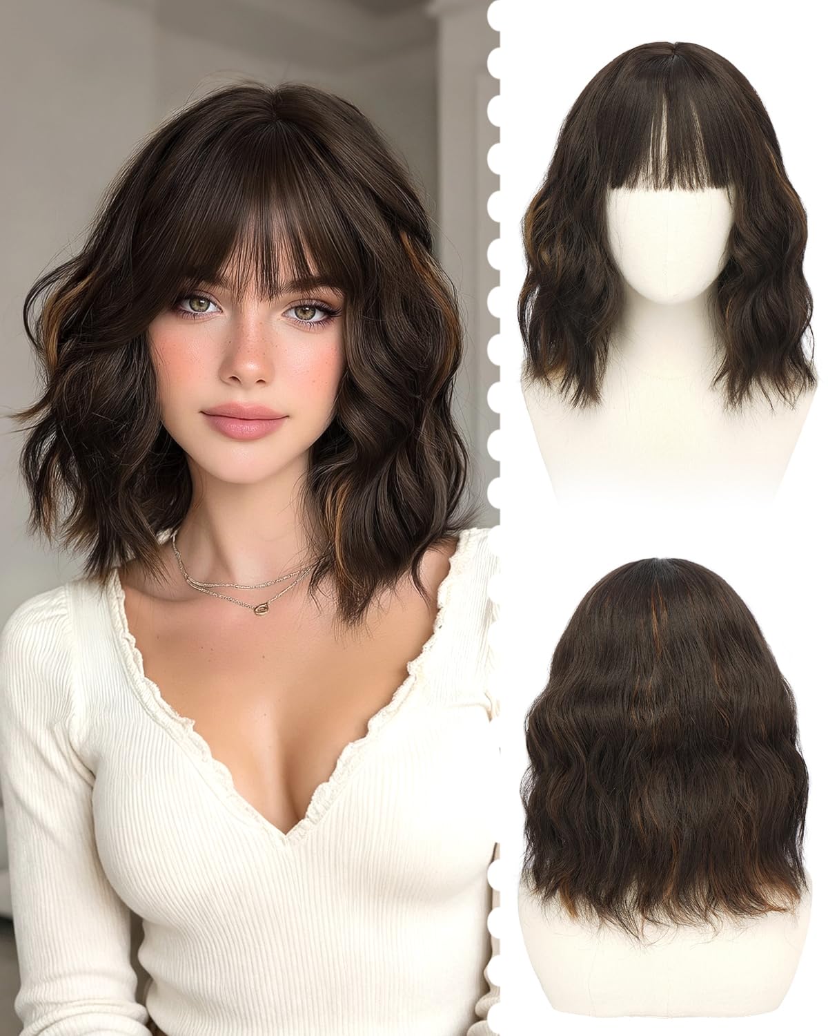 Brown Highlight Short Wavy Bob Wig with Bangs, 14 Inch Wig