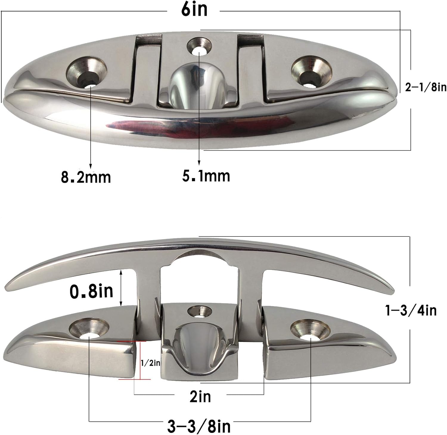 VEITHI 316 Stainless Steel Folding Cleat 5inch and 6inch (2 Sizes),Boat Dock Flip Up Cleats Rope Cleat w/Fasteners (1,2,4 Pack)