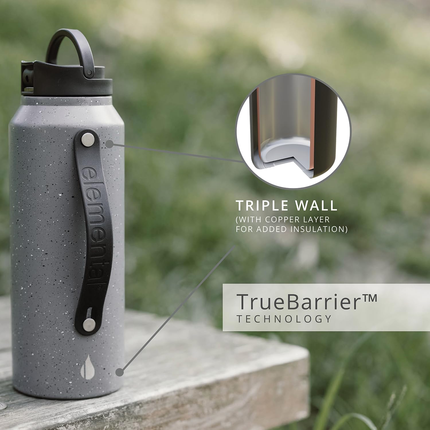 Elemental Iconic Stainless Steel Water Bottle with Straw - 32 oz Leak Proof Triple Wall Insulated Water Bottles for Travel and Sports - Reusable Gym Water Bottle with 2 Straws - Speckle Grey - Image 2