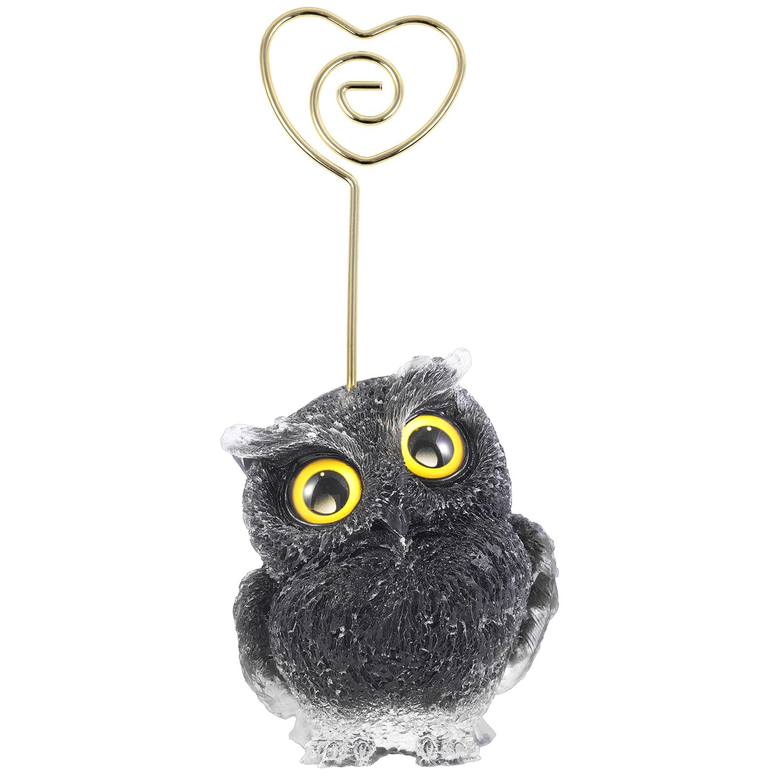 KYEYGWO Owl Statue Table Number Holders Desk Memo Clip, Crystal Animal Heart Shaped Place Card Holder for Wedding Reception, Black Obsidian