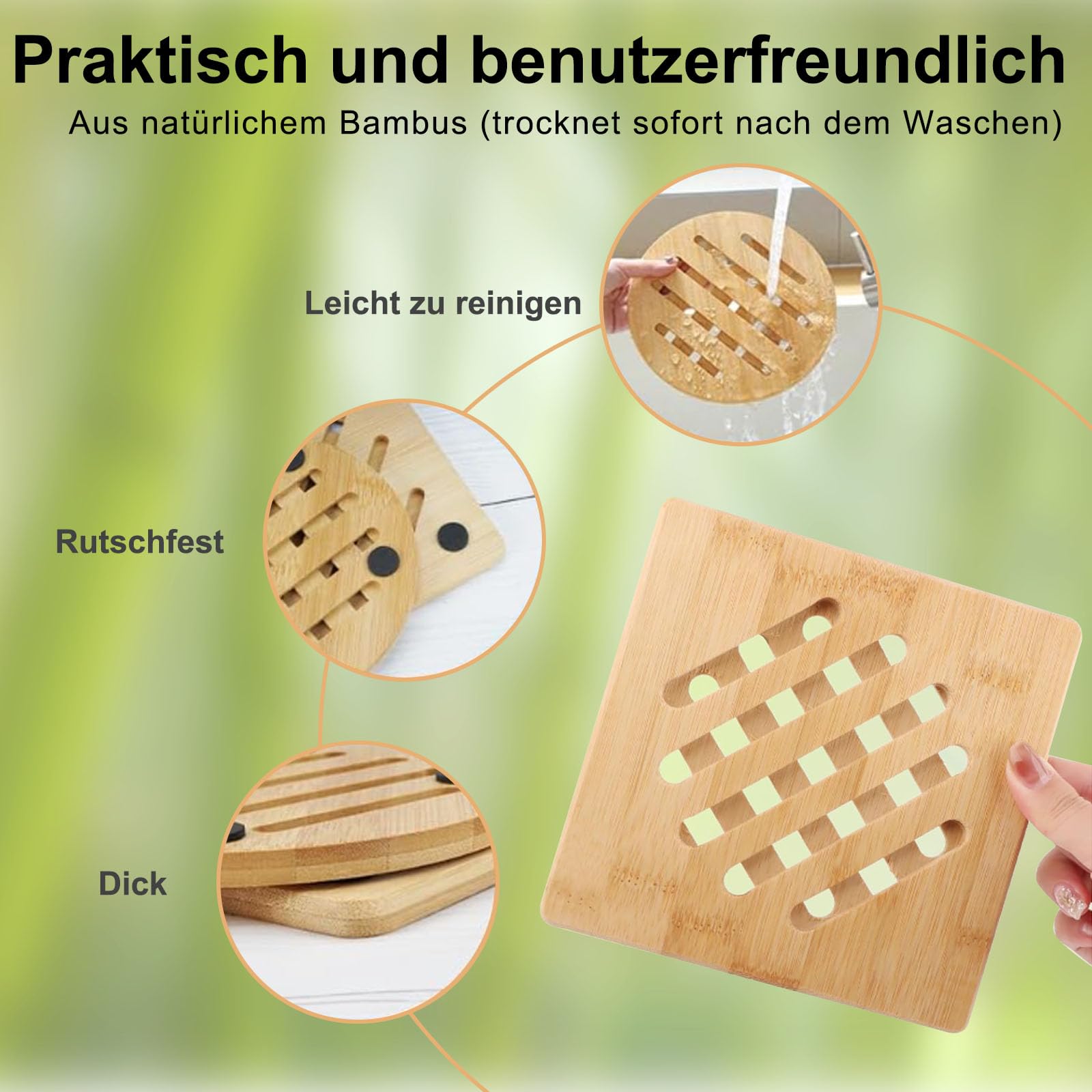 Buaak Set of 2 bamboo trivets, cork coasters, round, drinks coasters for various cooking and table needs - Image 3